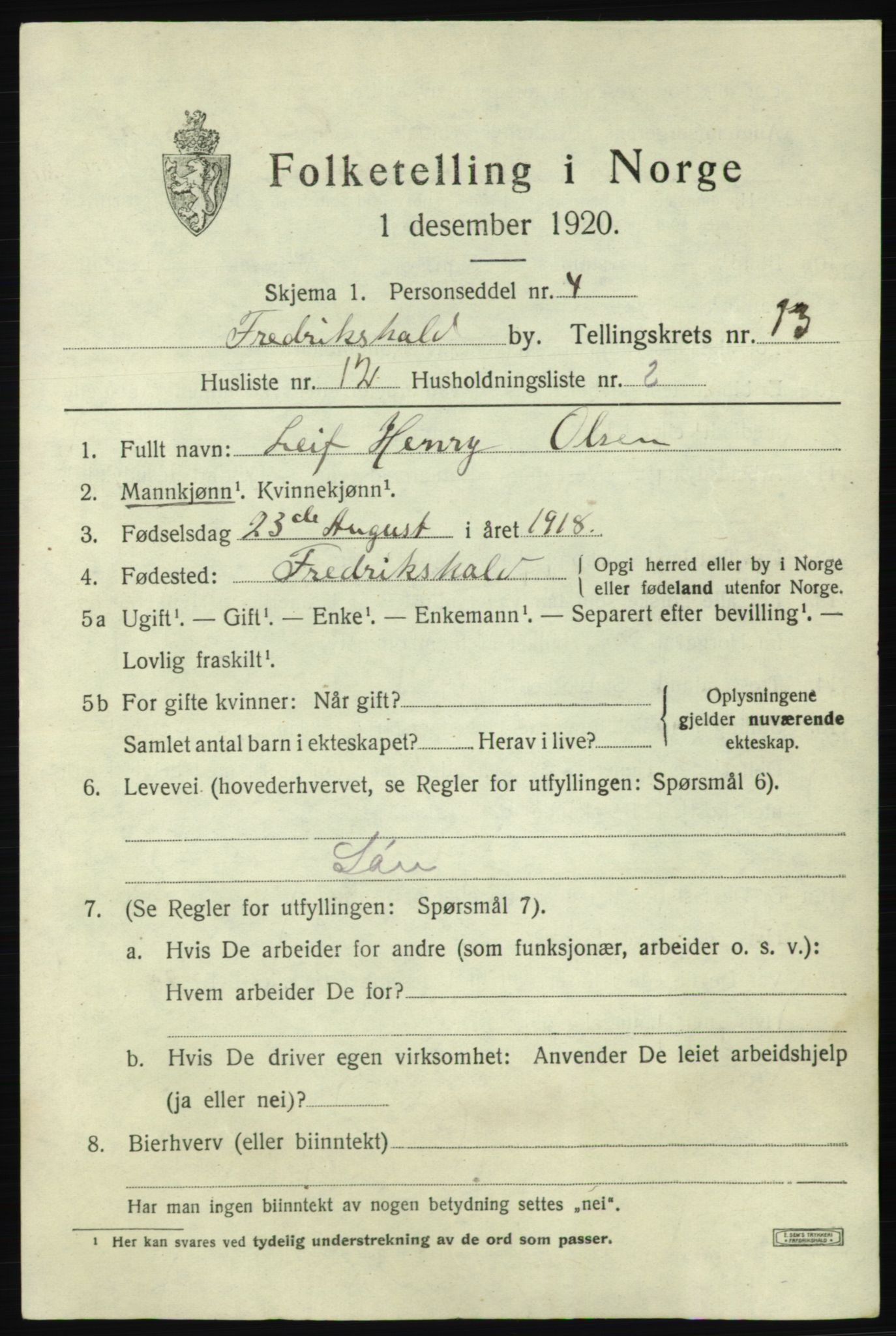SAO, 1920 census for Fredrikshald, 1920, p. 20876