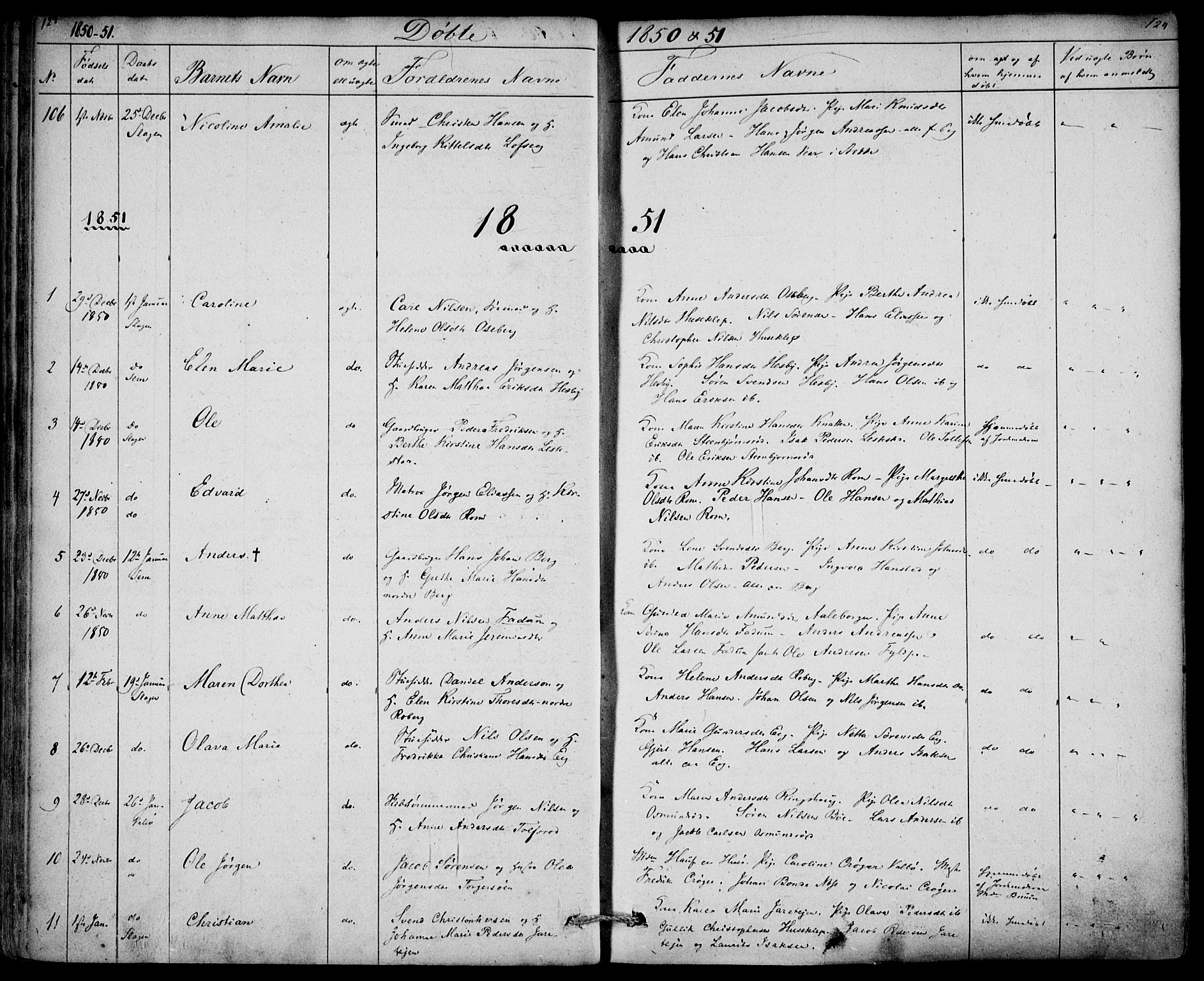 Sem kirkebøker, SAKO/A-5/F/Fa/L0006: Parish register (official) no. I 6, 1843-1855, p. 123-124