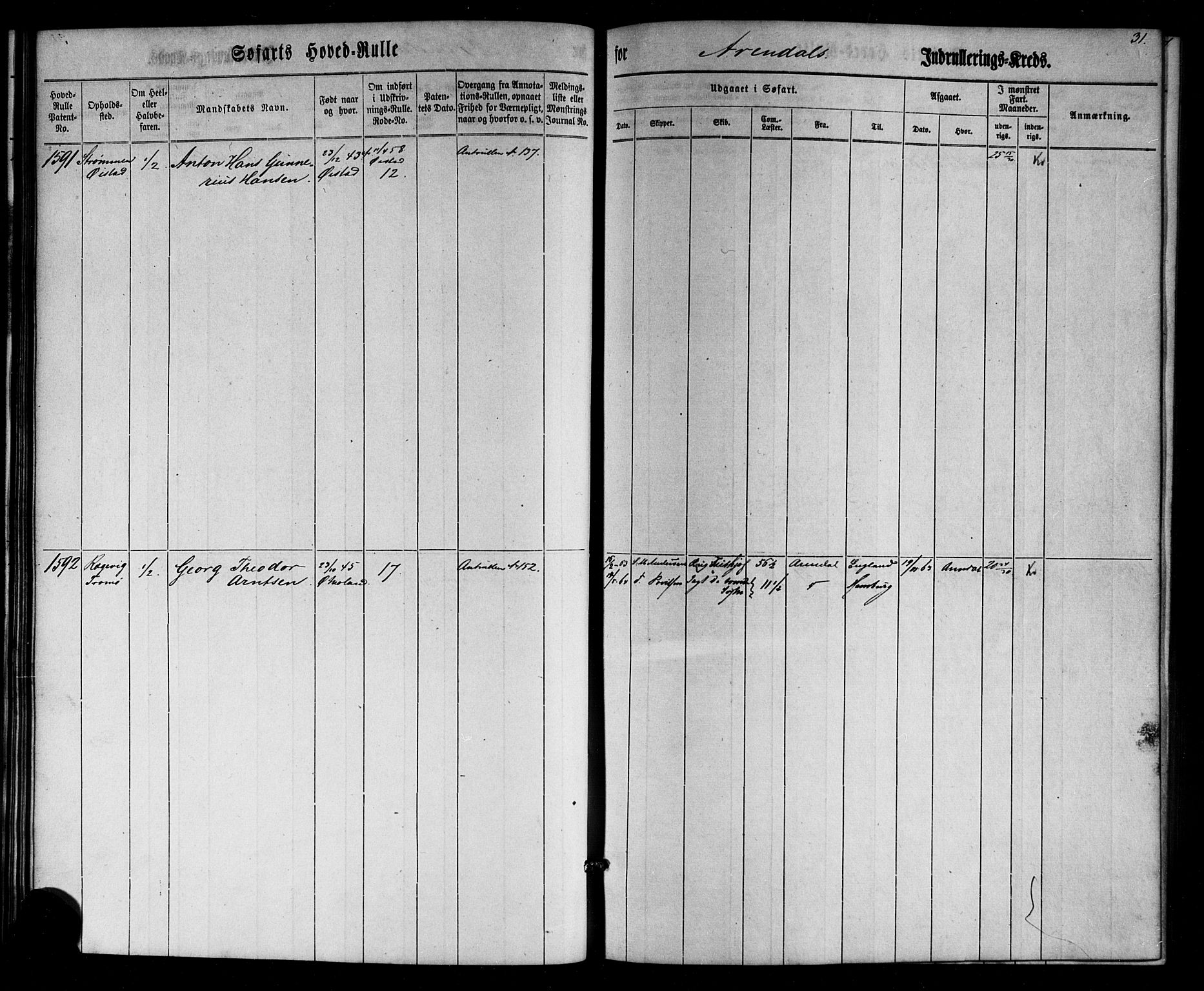 Arendal mønstringskrets, AV/SAK-2031-0012/F/Fb/L0002: Hovedrulle nr 1533-1724 uten register, E-3, 1863-1864, p. 31