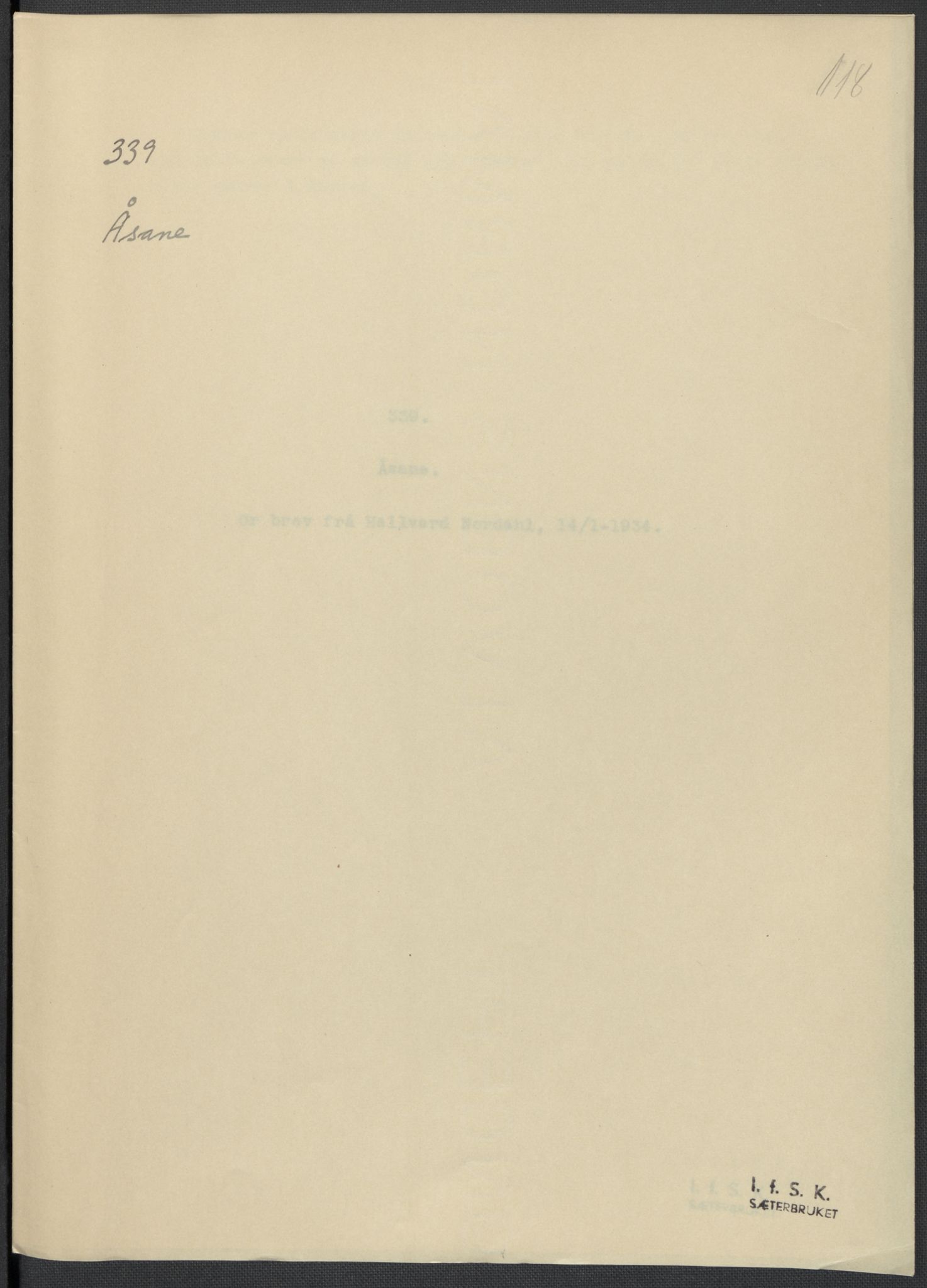 Instituttet for sammenlignende kulturforskning, RA/PA-0424/F/Fc/L0010/0001: Eske B10: / Hordaland (perm XXV), 1932-1939, p. 118