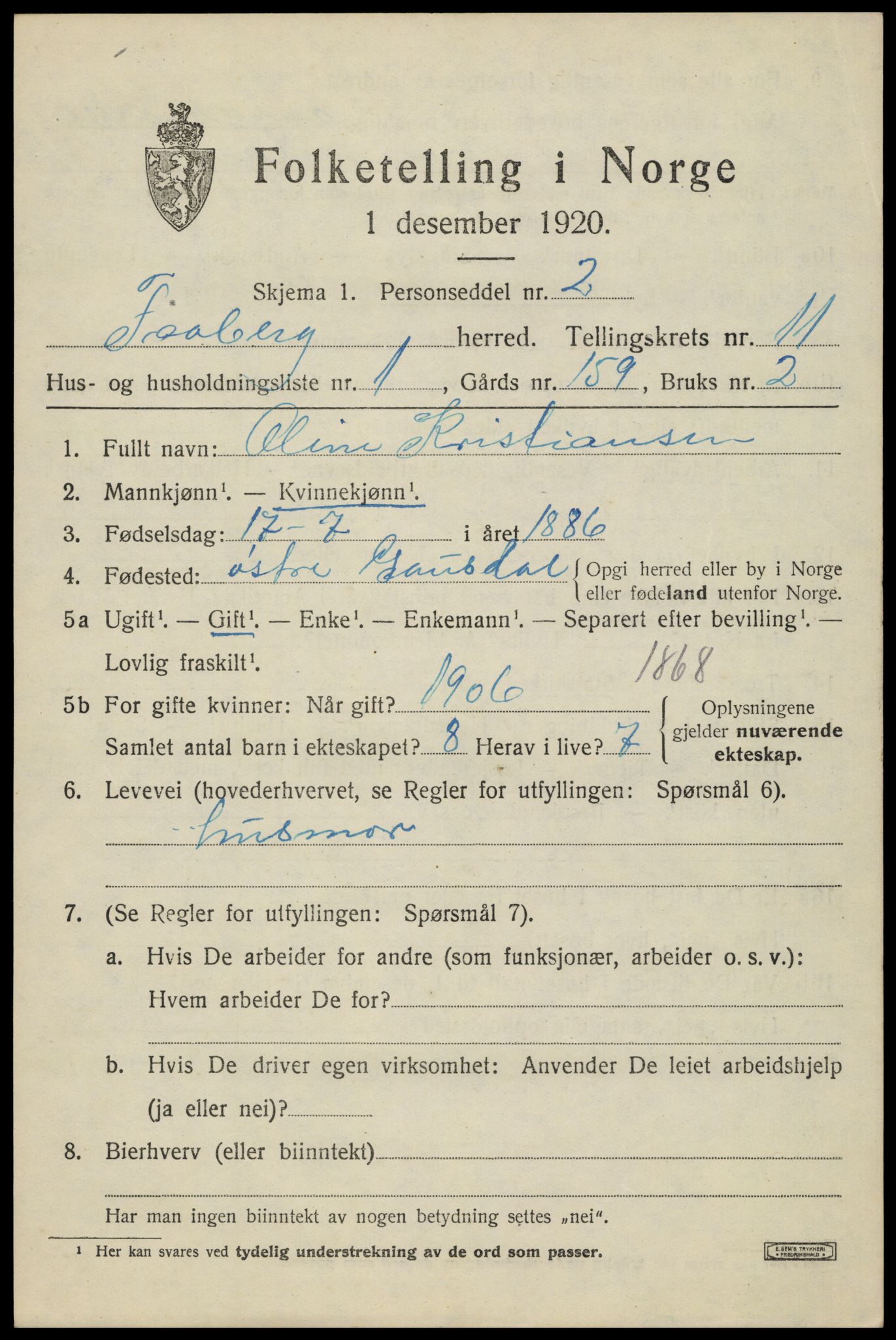 SAH, 1920 census for Fåberg, 1920, p. 11834