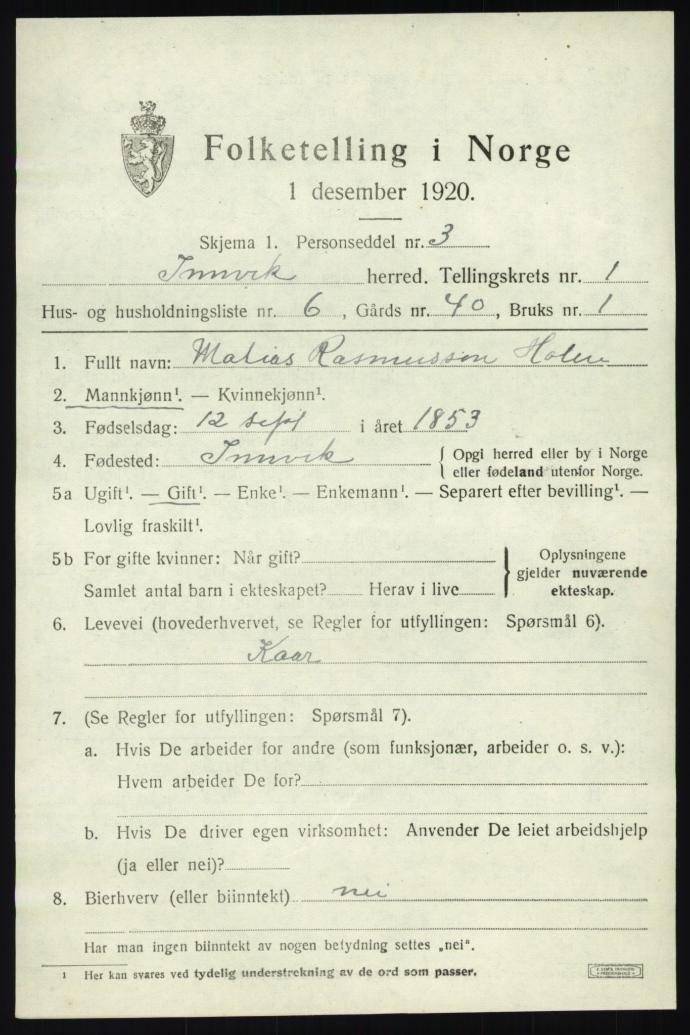 SAB, 1920 census for Innvik, 1920, p. 1153