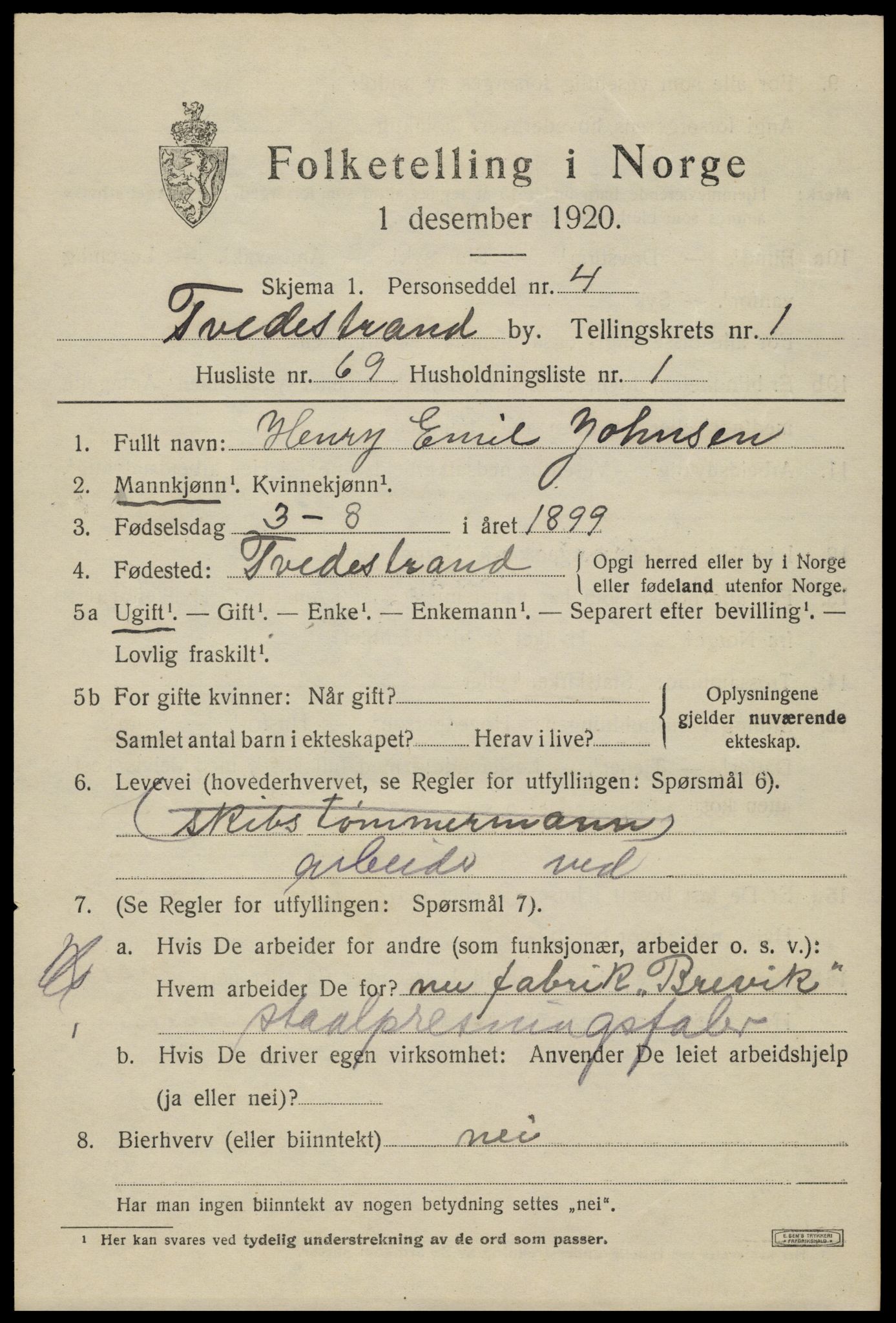 SAK, 1920 census for Tvedestrand, 1920, p. 2097