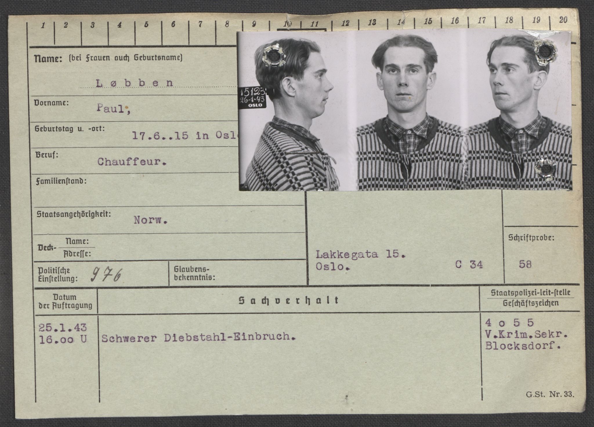 Befehlshaber der Sicherheitspolizei und des SD, RA/RAFA-5969/E/Ea/Eaa/L0007: Register over norske fanger i Møllergata 19: Lundb-N, 1940-1945, p. 102