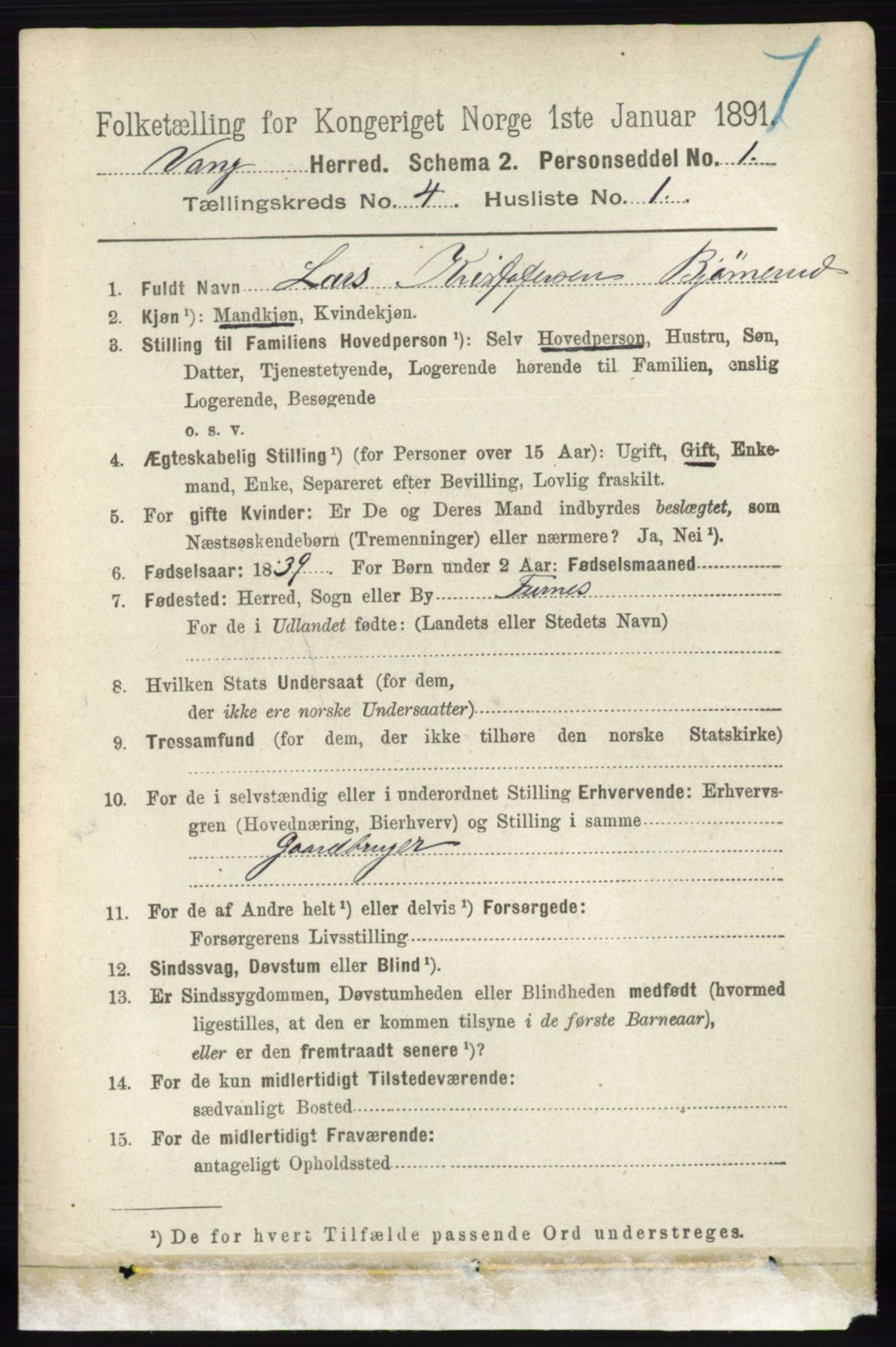 RA, 1891 census for 0414 Vang, 1891, p. 2748