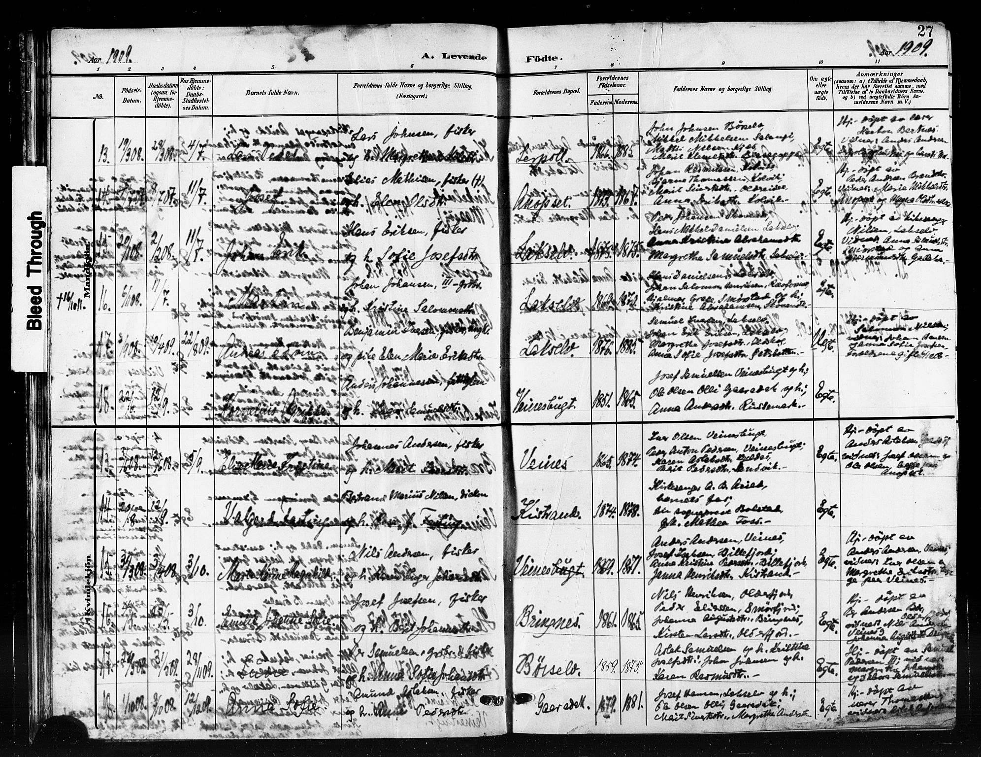 Kistrand/Porsanger sokneprestembete, AV/SATØ-S-1351/H/Hb/L0006.klokk: Parish register (copy) no. 6, 1905-1917, p. 27