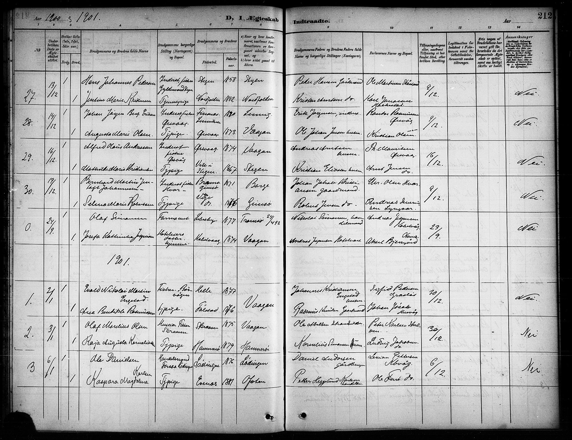 Ministerialprotokoller, klokkerbøker og fødselsregistre - Nordland, SAT/A-1459/874/L1078: Parish register (copy) no. 874C07, 1900-1907, p. 212