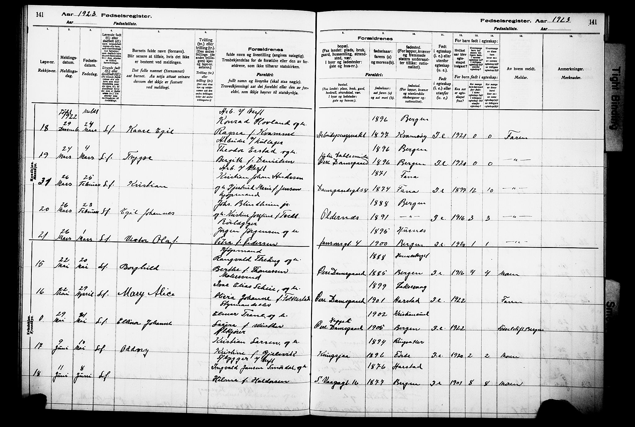 Laksevåg Sokneprestembete, AV/SAB-A-76501/I/Id/L00A1: Birth register no. A 1, 1916-1926, p. 141