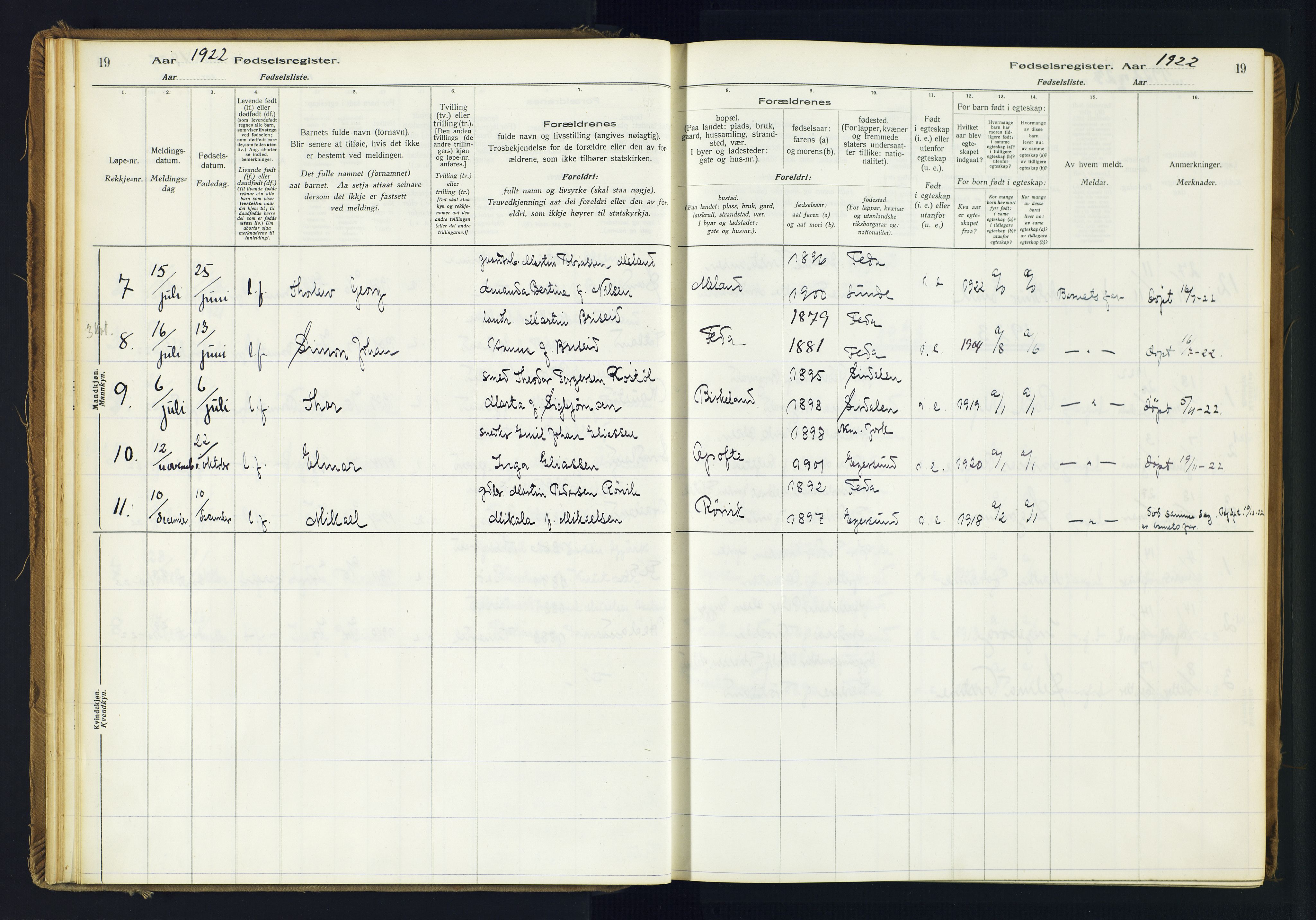 Kvinesdal sokneprestkontor, AV/SAK-1111-0026/J/Ja/L0005: Birth register no. 5, 1916-1982, p. 19