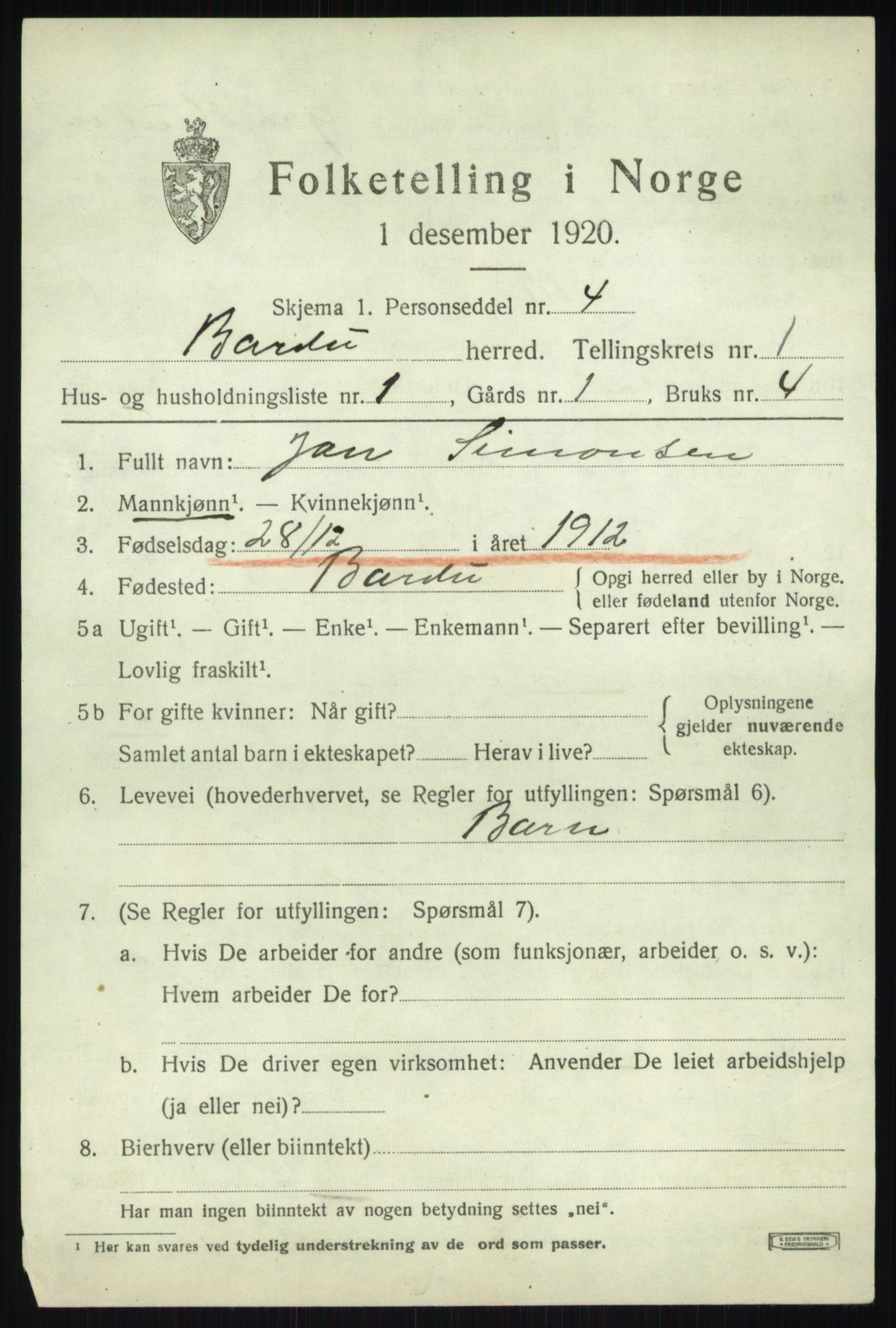 SATØ, 1920 census for Bardu, 1920, p. 633