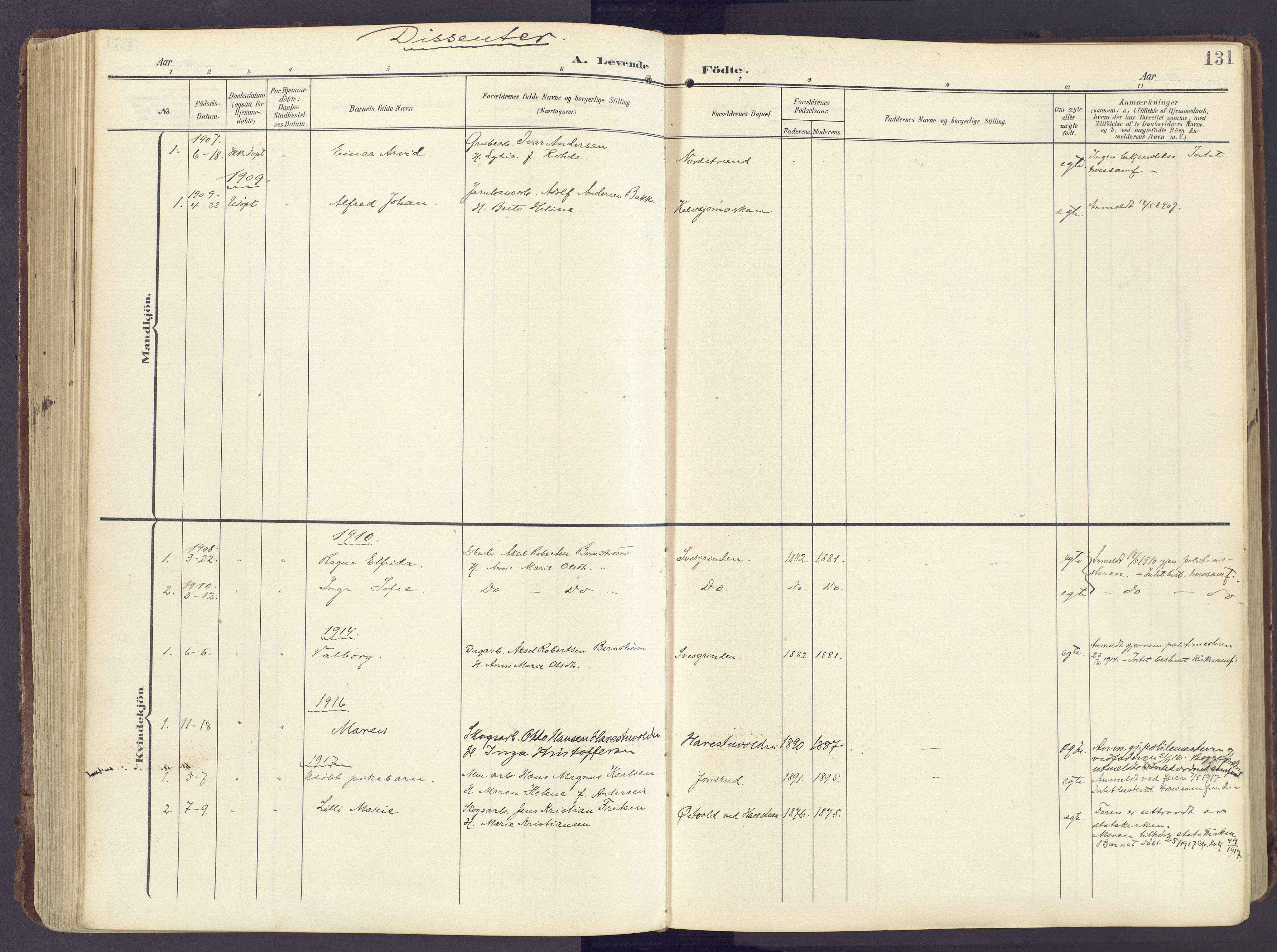 Lunner prestekontor, SAH/PREST-118/H/Ha/Haa/L0001: Parish register (official) no. 1, 1907-1922, p. 131