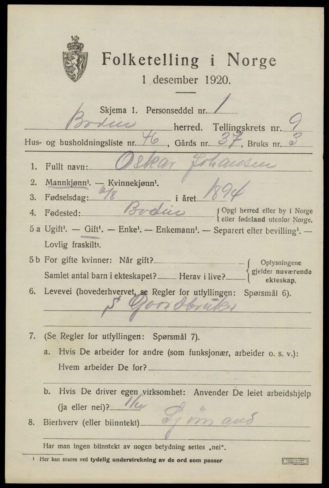 SAT, 1920 census for Bodin, 1920, p. 7564