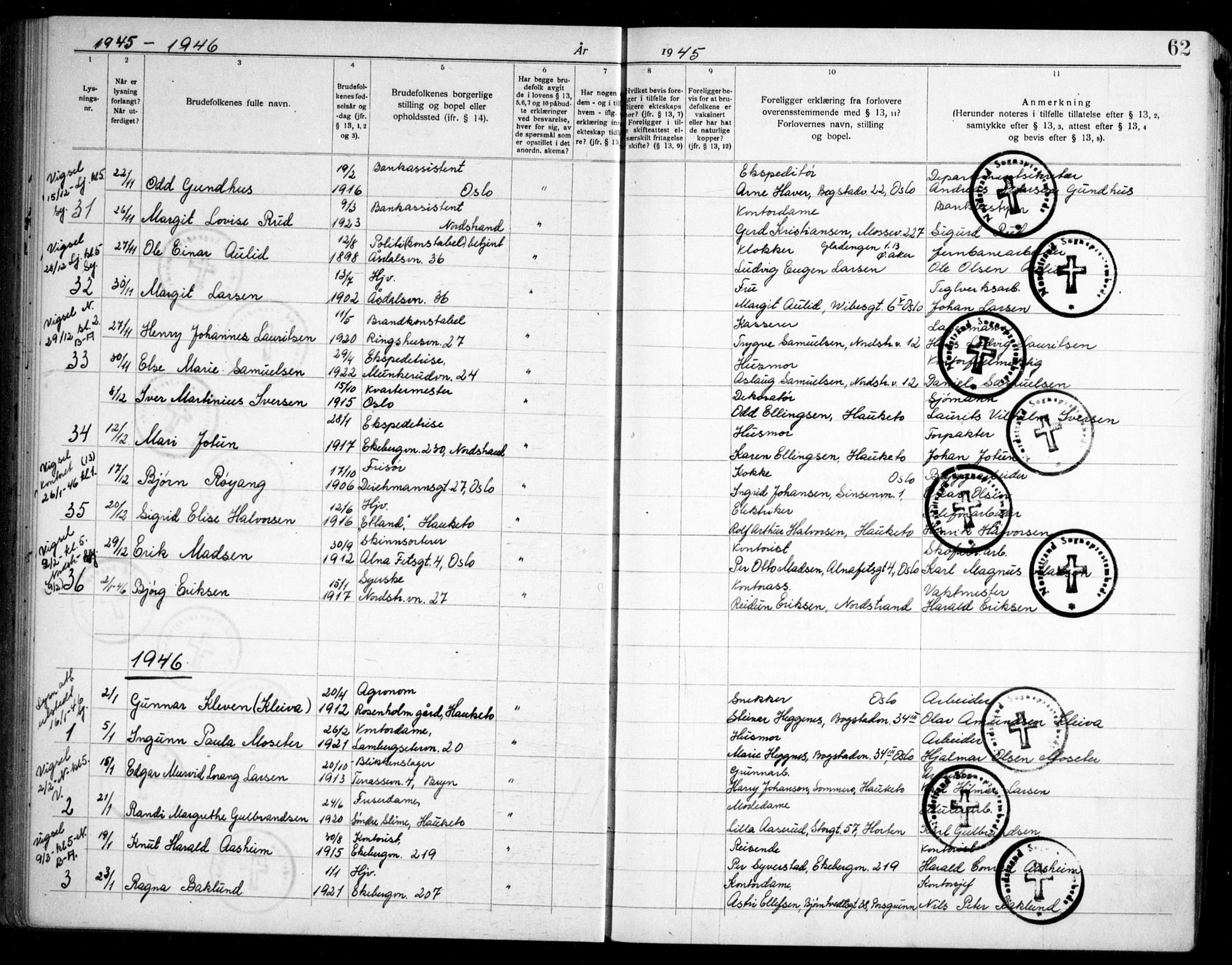 Nordstrand prestekontor Kirkebøker, SAO/A-10362a/H/Ha/L0002: Banns register no. 2, 1935-1950, p. 62