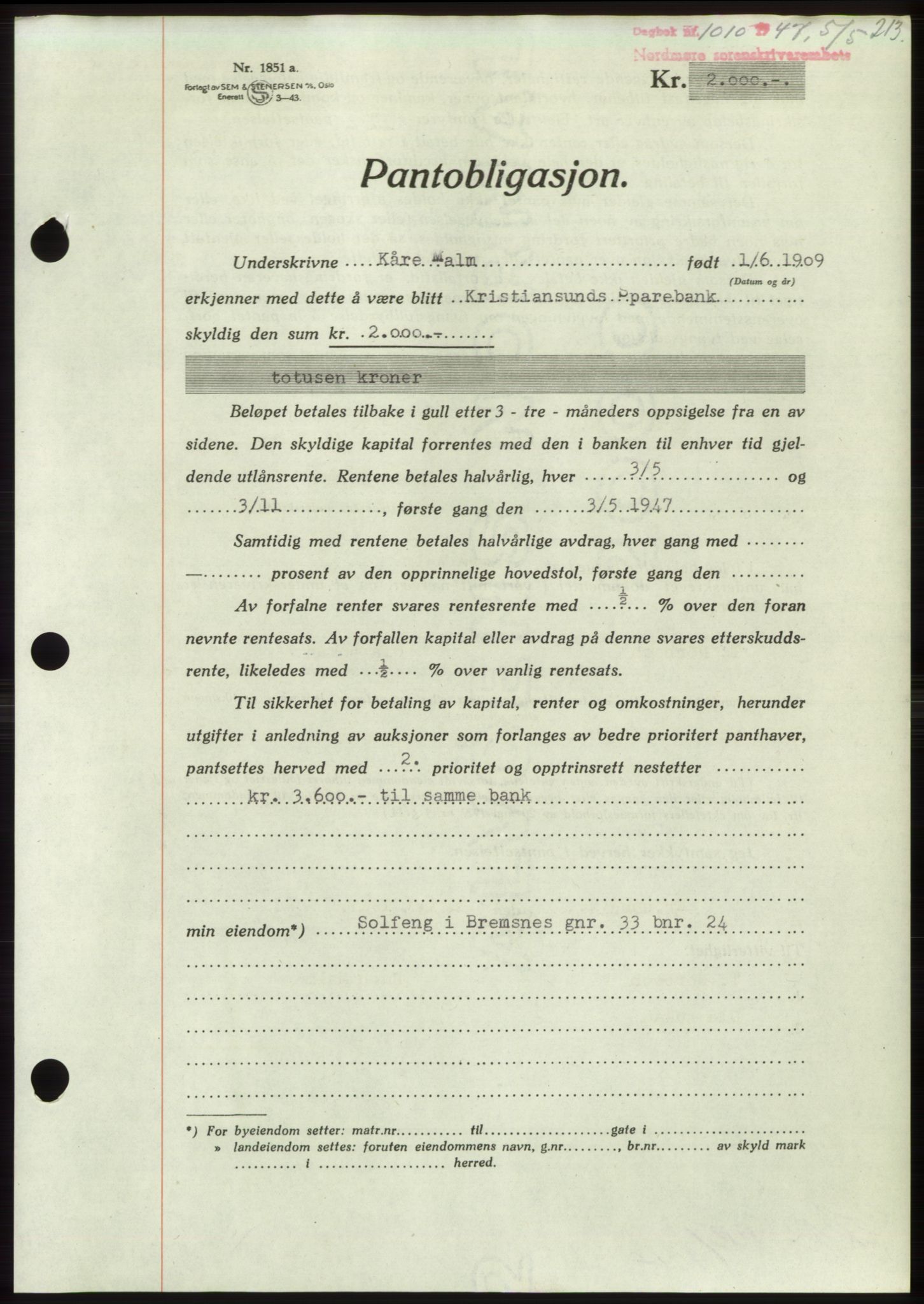 Nordmøre sorenskriveri, AV/SAT-A-4132/1/2/2Ca: Mortgage book no. B96, 1947-1947, Diary no: : 1010/1947