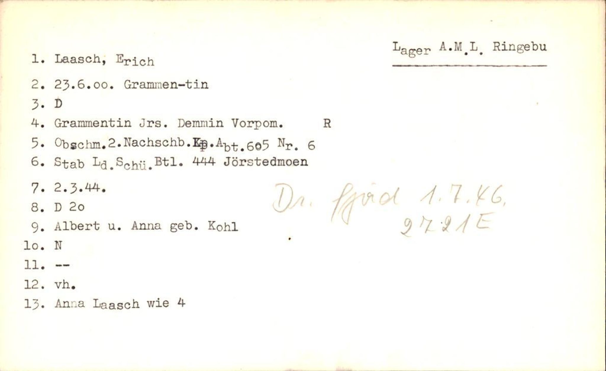 Hjemsendte tyskere , AV/RA-RAFA-6487/D/Db/L0017: Küchler-Liedkte, 1945-1947, p. 444