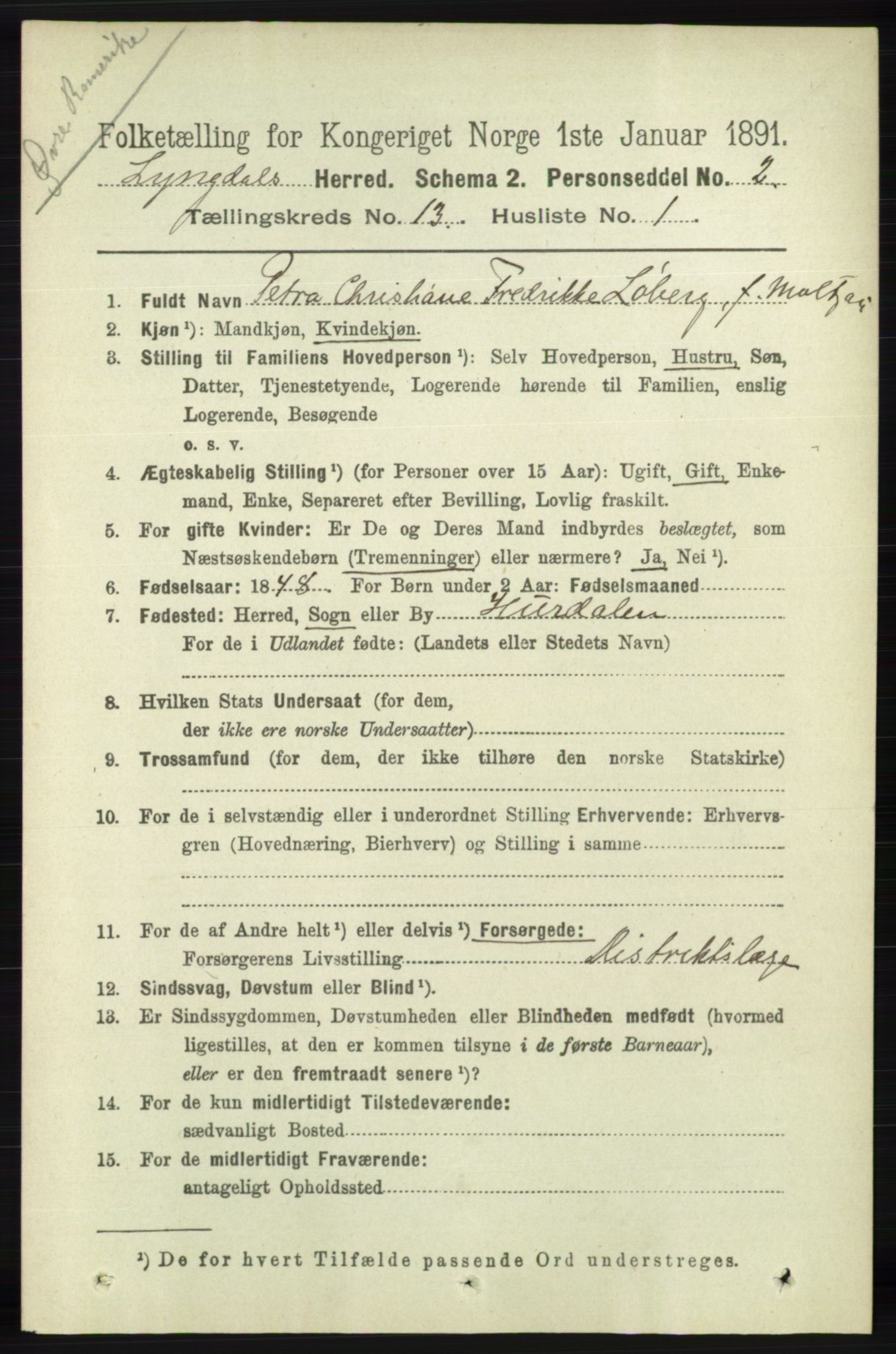 RA, 1891 census for 1032 Lyngdal, 1891, p. 5603