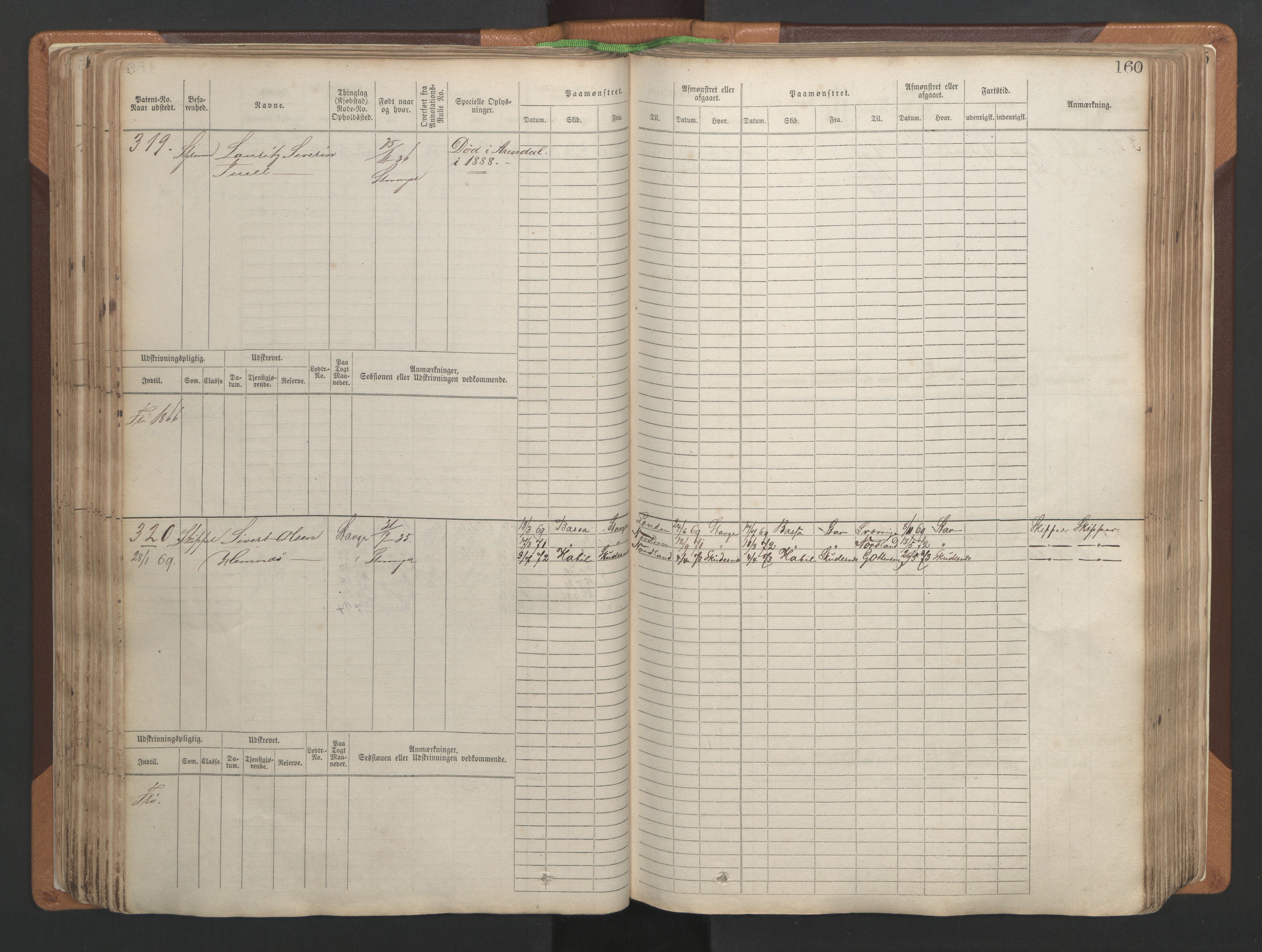 Stavanger sjømannskontor, AV/SAST-A-102006/F/Fb/Fbb/L0004: Sjøfartshovedrulle, patentnr. 1-792 (del 1), 1869-1880, p. 164