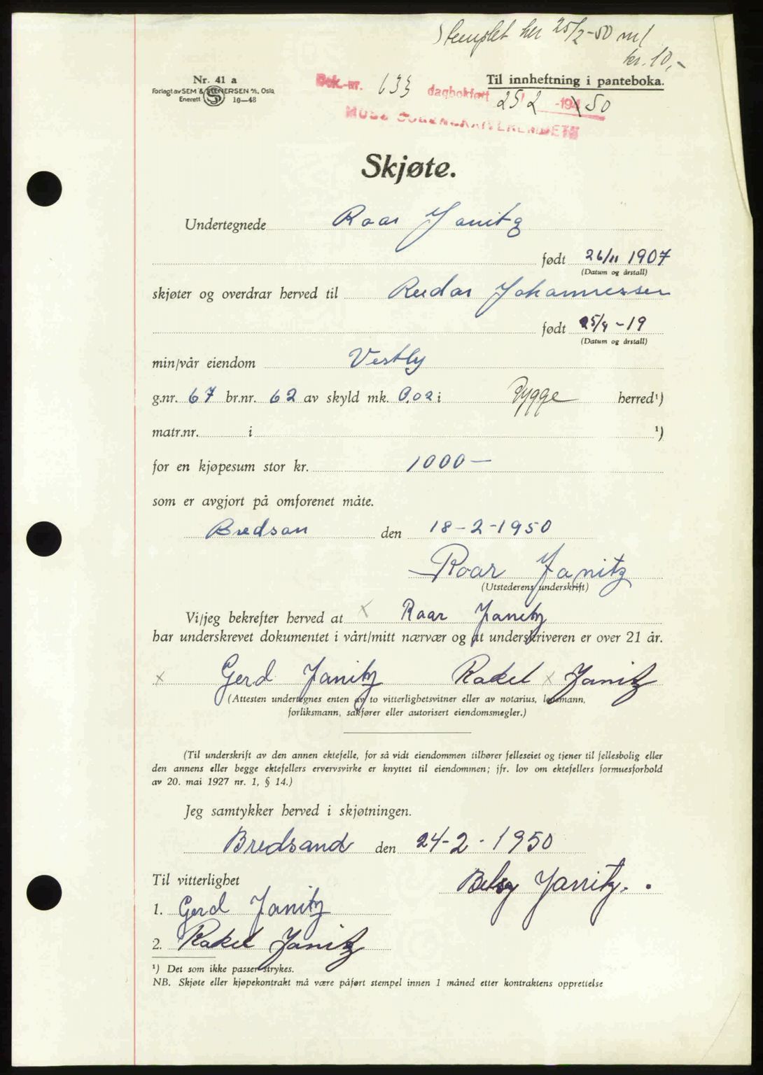 Moss sorenskriveri, SAO/A-10168: Mortgage book no. A25, 1950-1950, Diary no: : 633/1950