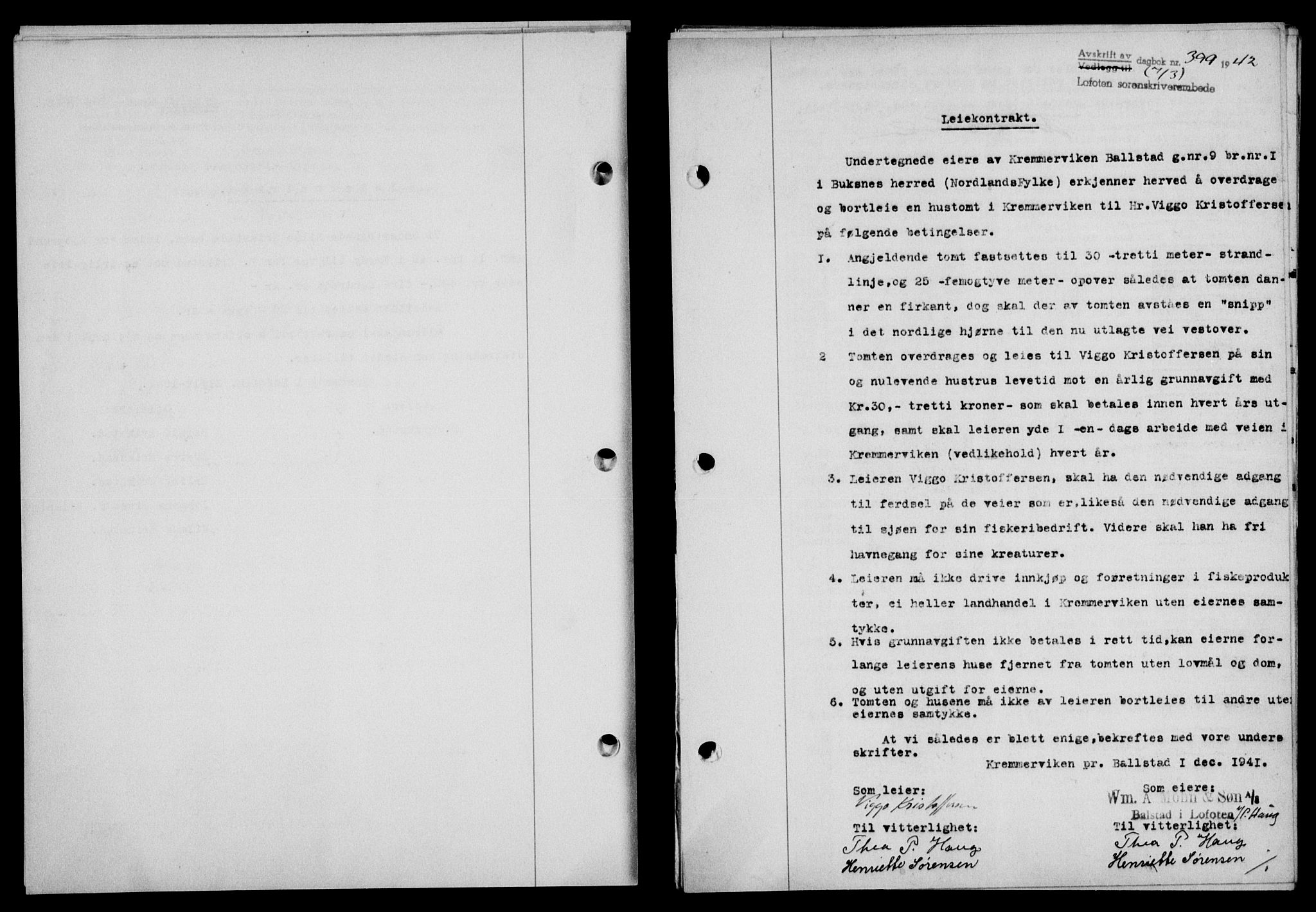 Lofoten sorenskriveri, SAT/A-0017/1/2/2C/L0009a: Mortgage book no. 9a, 1941-1942, Diary no: : 399/1942