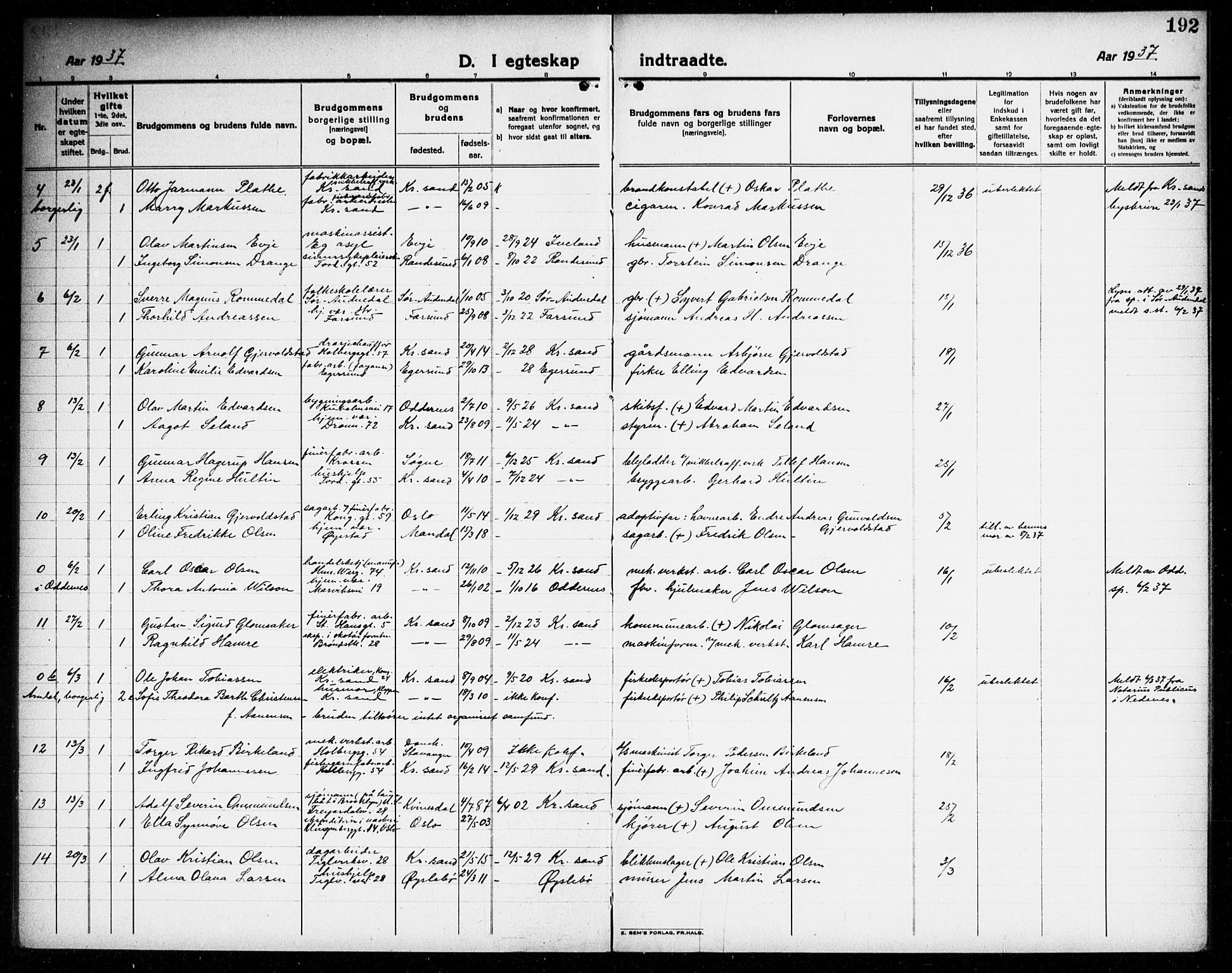 Kristiansand domprosti, AV/SAK-1112-0006/F/Fb/L0023: Parish register (copy) no. B 23, 1921-1937, p. 192