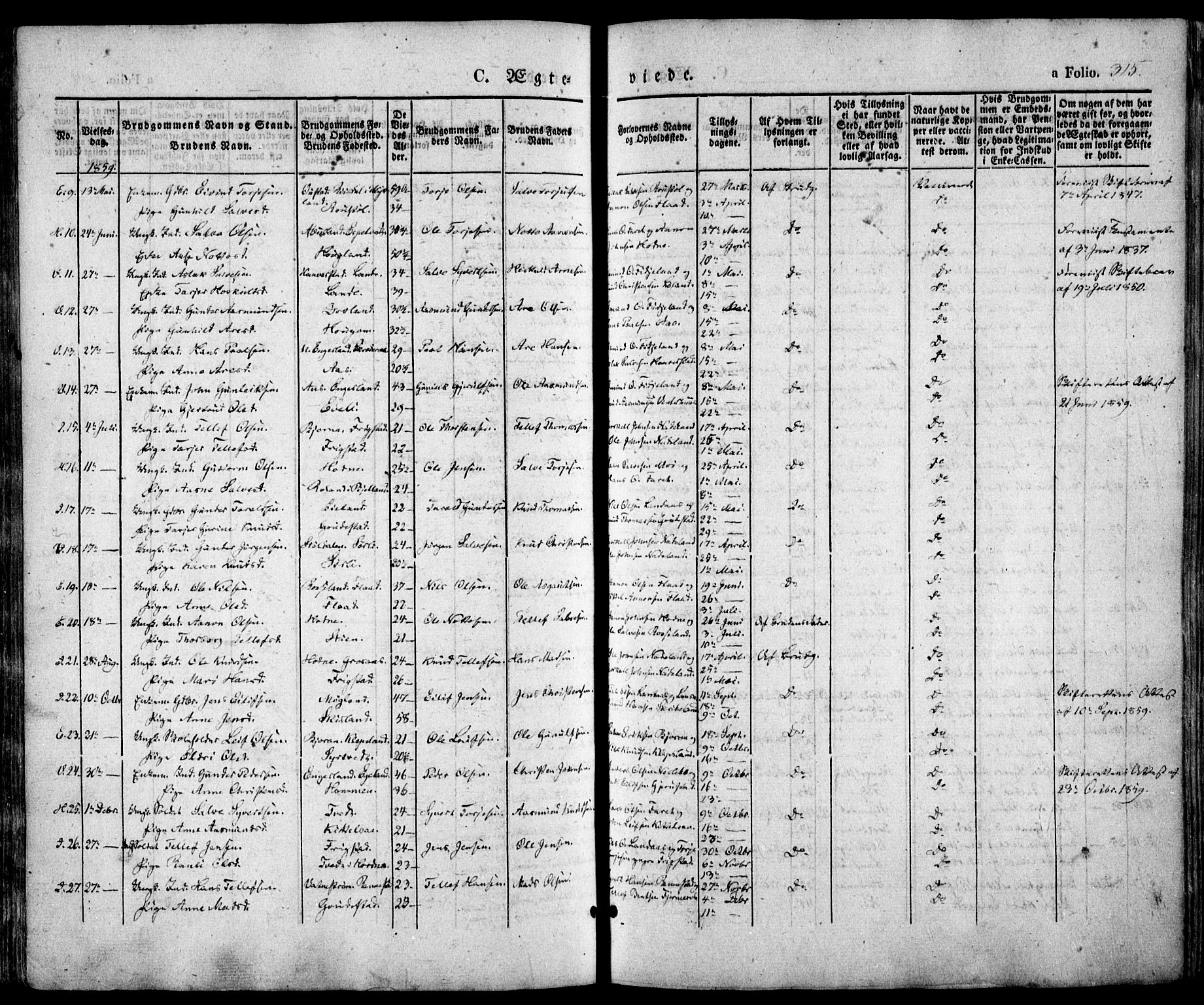 Evje sokneprestkontor, SAK/1111-0008/F/Fa/Faa/L0005: Parish register (official) no. A 5, 1843-1865, p. 315