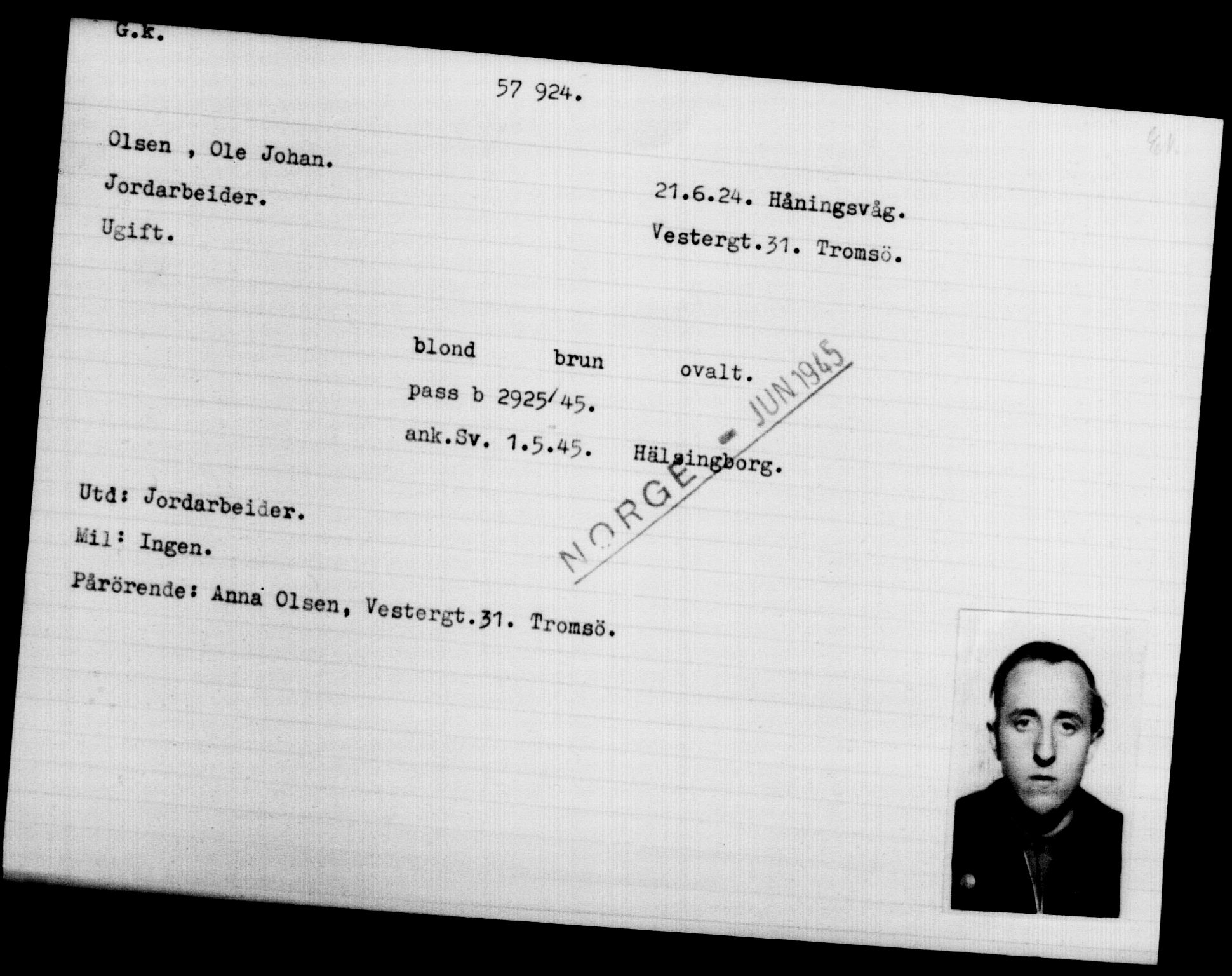 Utenriksstasjonene, Legasjonen i Stockholm, Flyktningkontoret, AV/RA-S-6753/V/Va/L0020: Kjesäterkartoteket, flyktninger med registreringsnr. 55000-58245, 1940-1945, p. 2922