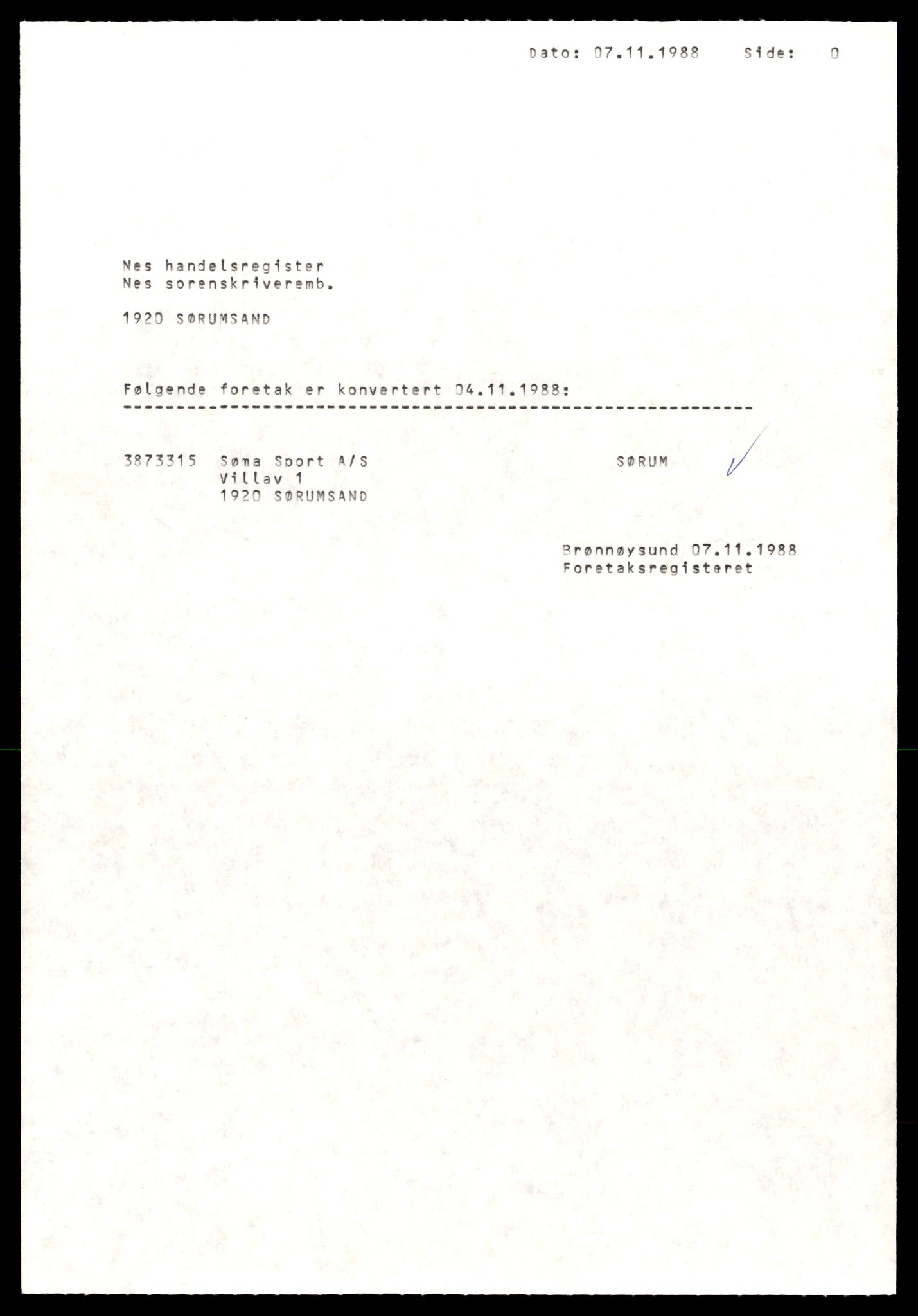 Nes tingrett, AV/SAT-A-10548/K/Ke/Keb/L0021: Aksjeselskap, Søm - Udn, 1944-1990, p. 1