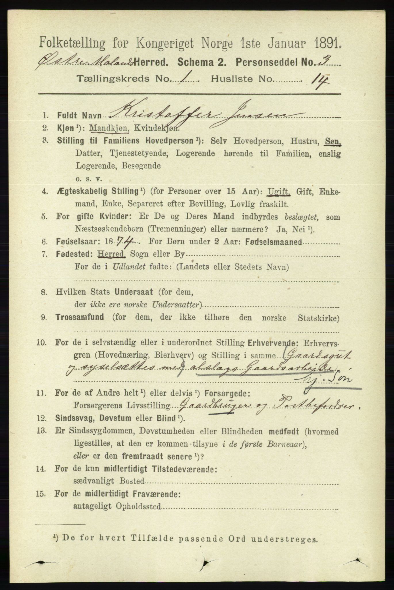 RA, 1891 census for 0918 Austre Moland, 1891, p. 173