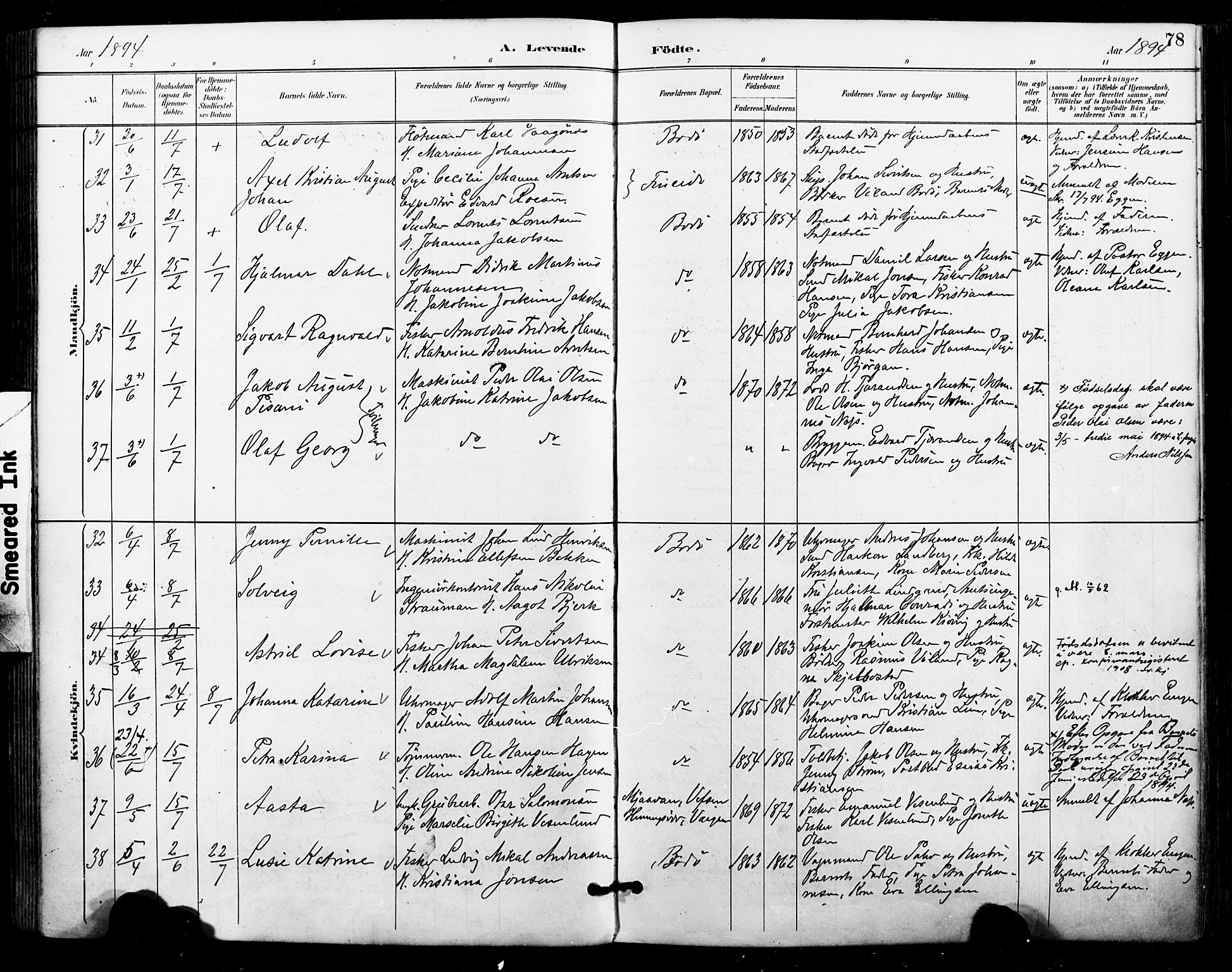 Ministerialprotokoller, klokkerbøker og fødselsregistre - Nordland, SAT/A-1459/801/L0010: Parish register (official) no. 801A10, 1888-1899, p. 78