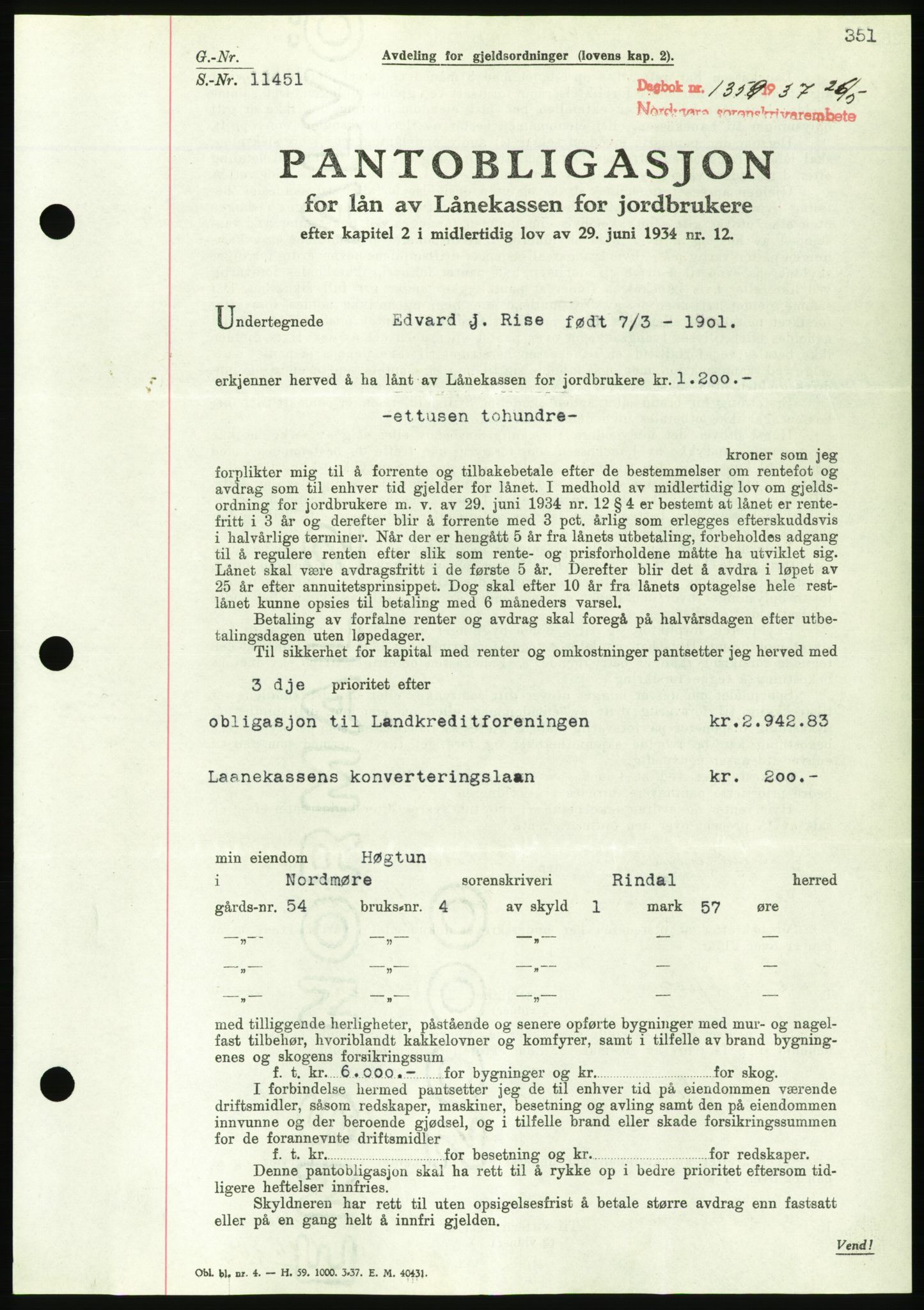 Nordmøre sorenskriveri, AV/SAT-A-4132/1/2/2Ca/L0091: Mortgage book no. B81, 1937-1937, Diary no: : 1359/1937