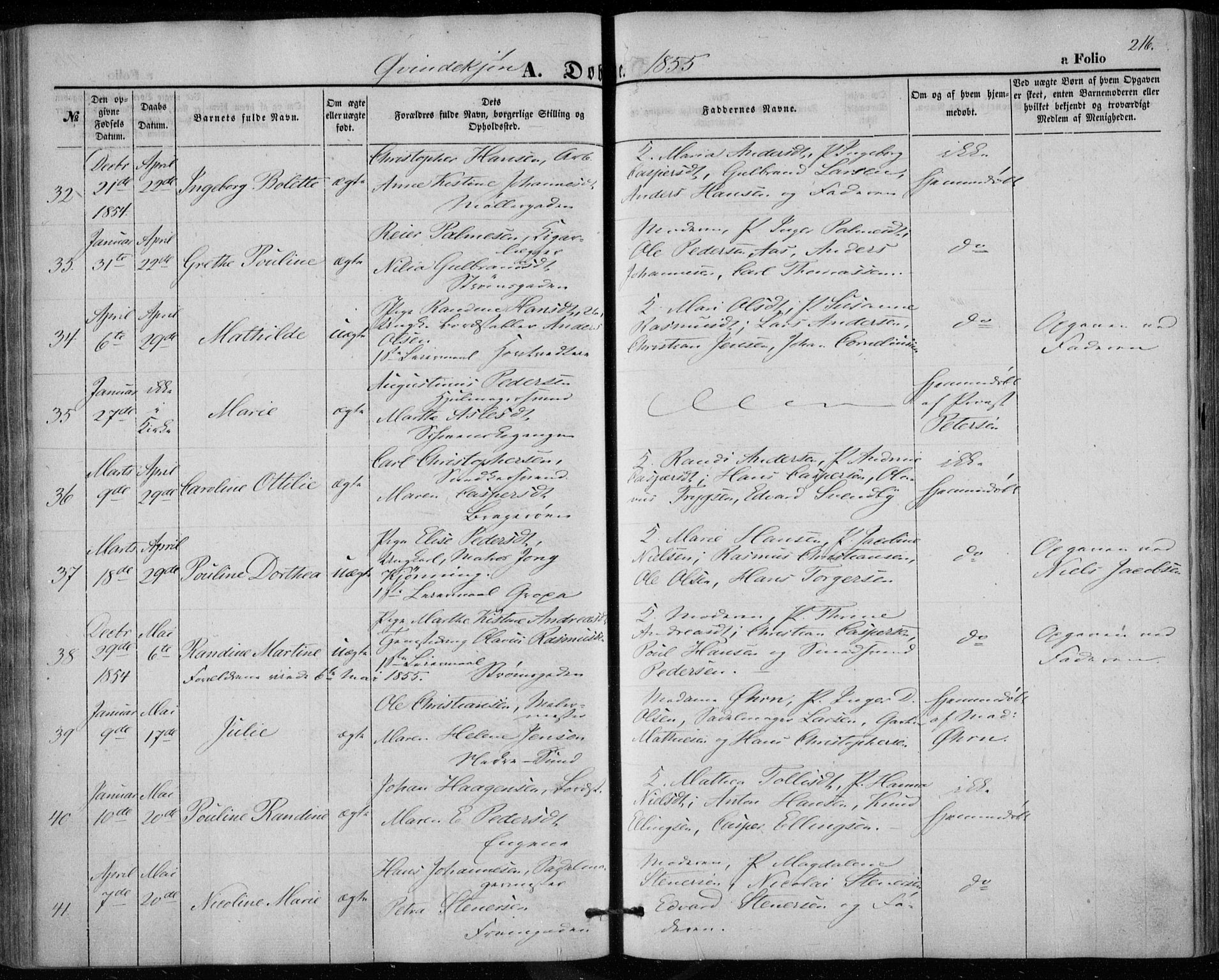 Bragernes kirkebøker, AV/SAKO-A-6/F/Fb/L0002: Parish register (official) no. II 2, 1848-1859, p. 216