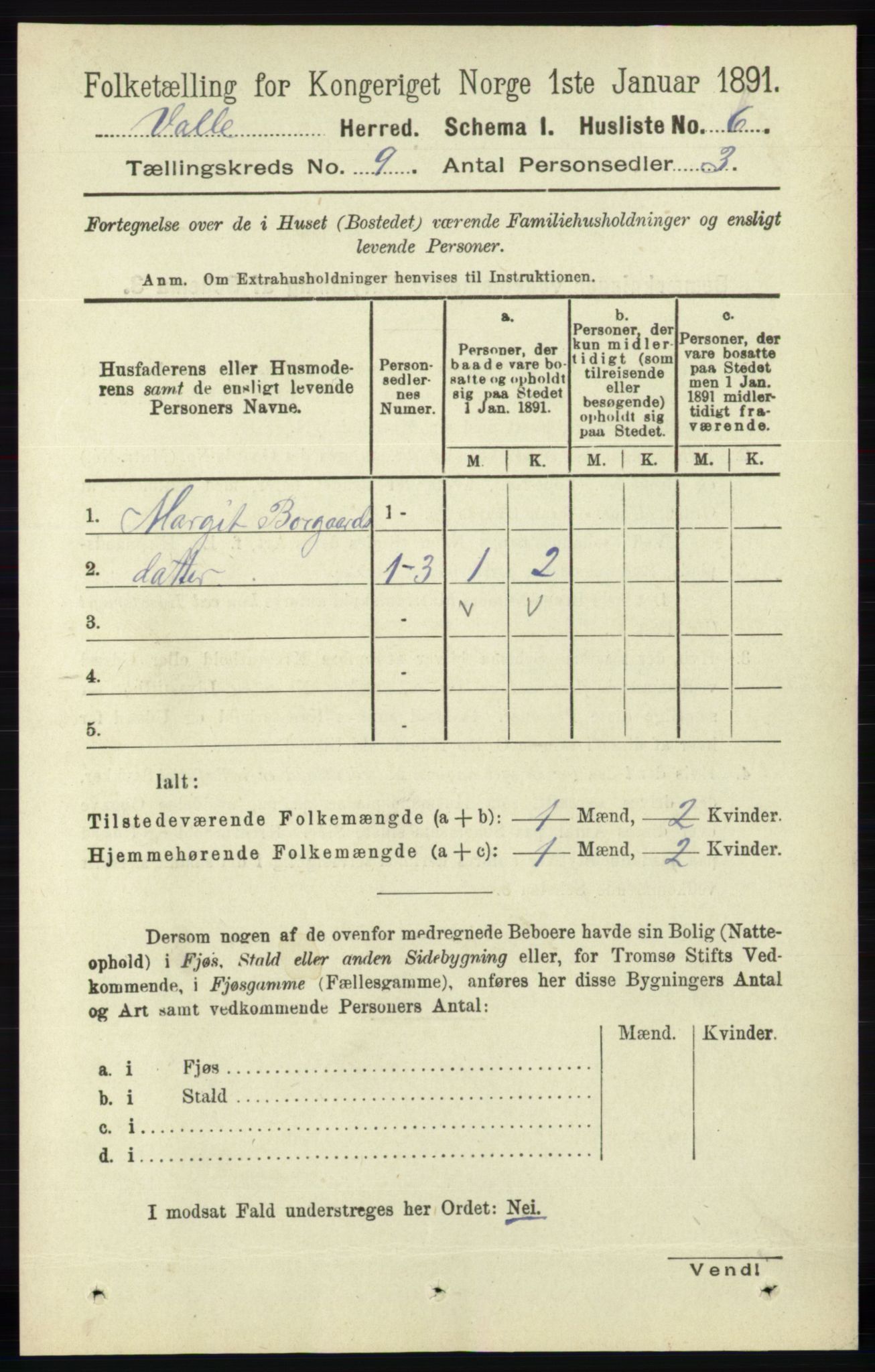 RA, 1891 census for 0940 Valle, 1891, p. 2391