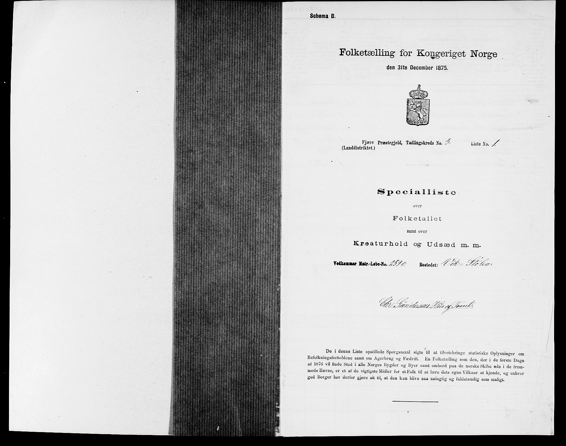 SAK, 1875 census for 0923L Fjære/Fjære, 1875, p. 854