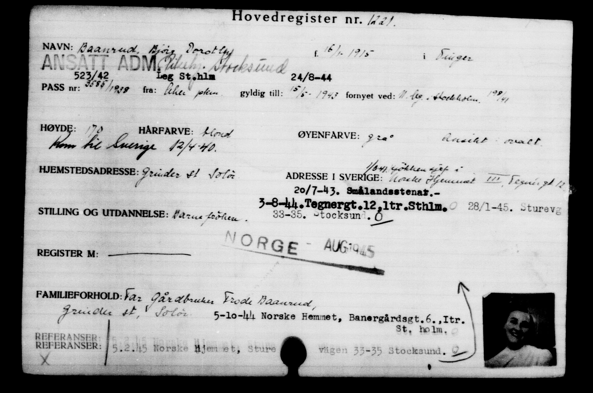 Den Kgl. Norske Legasjons Flyktningskontor, RA/S-6753/V/Va/L0002: Kjesäterkartoteket.  Flyktningenr. 1001-2000, 1940-1945, p. 332