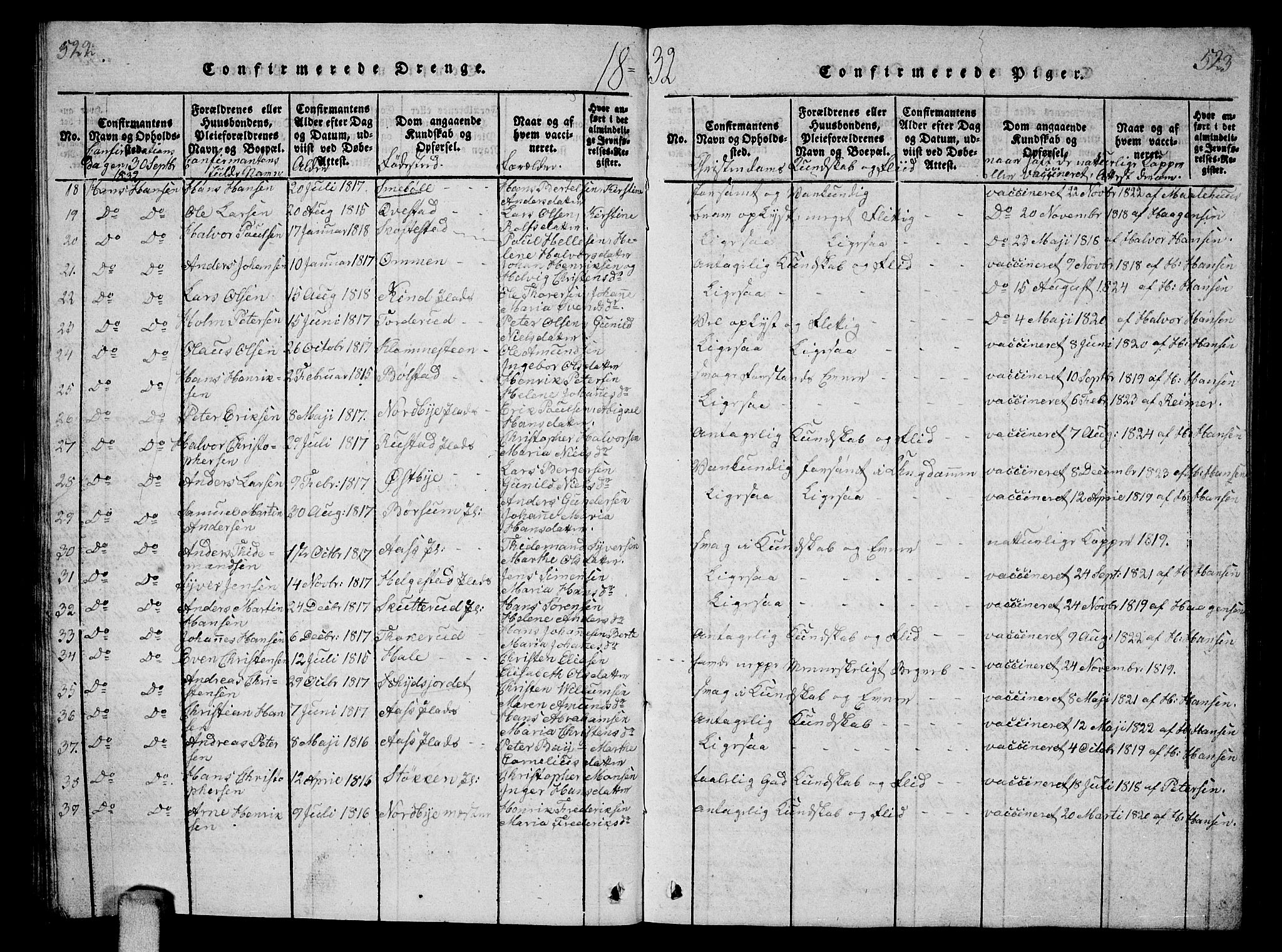 Ås prestekontor Kirkebøker, SAO/A-10894/G/Ga/L0002: Parish register (copy) no. I 2, 1820-1836, p. 522-523