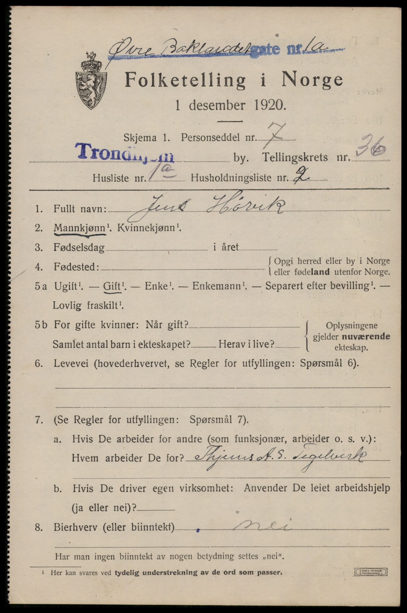 SAT, 1920 census for Trondheim, 1920, p. 82872