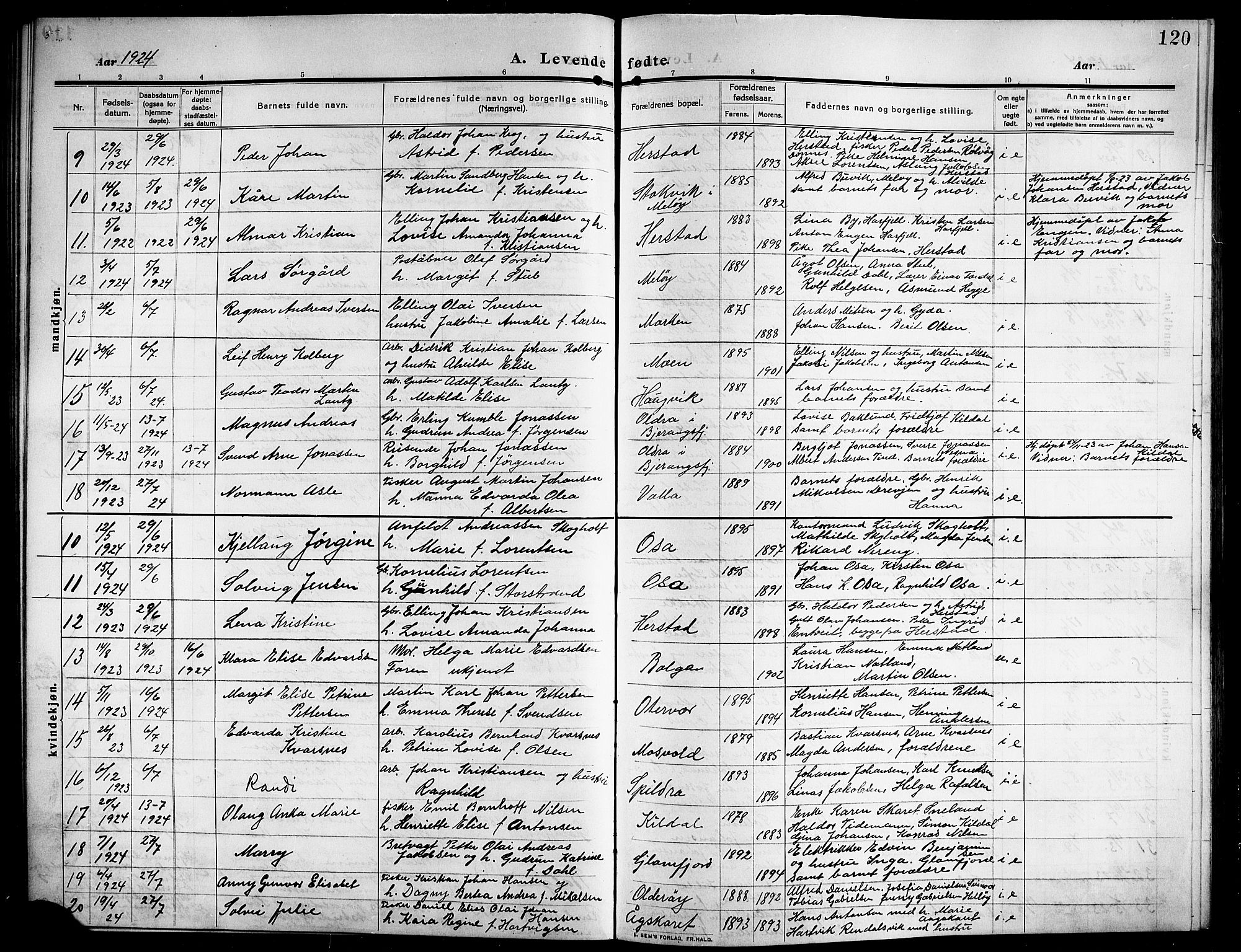 Ministerialprotokoller, klokkerbøker og fødselsregistre - Nordland, SAT/A-1459/843/L0639: Parish register (copy) no. 843C08, 1908-1924, p. 120