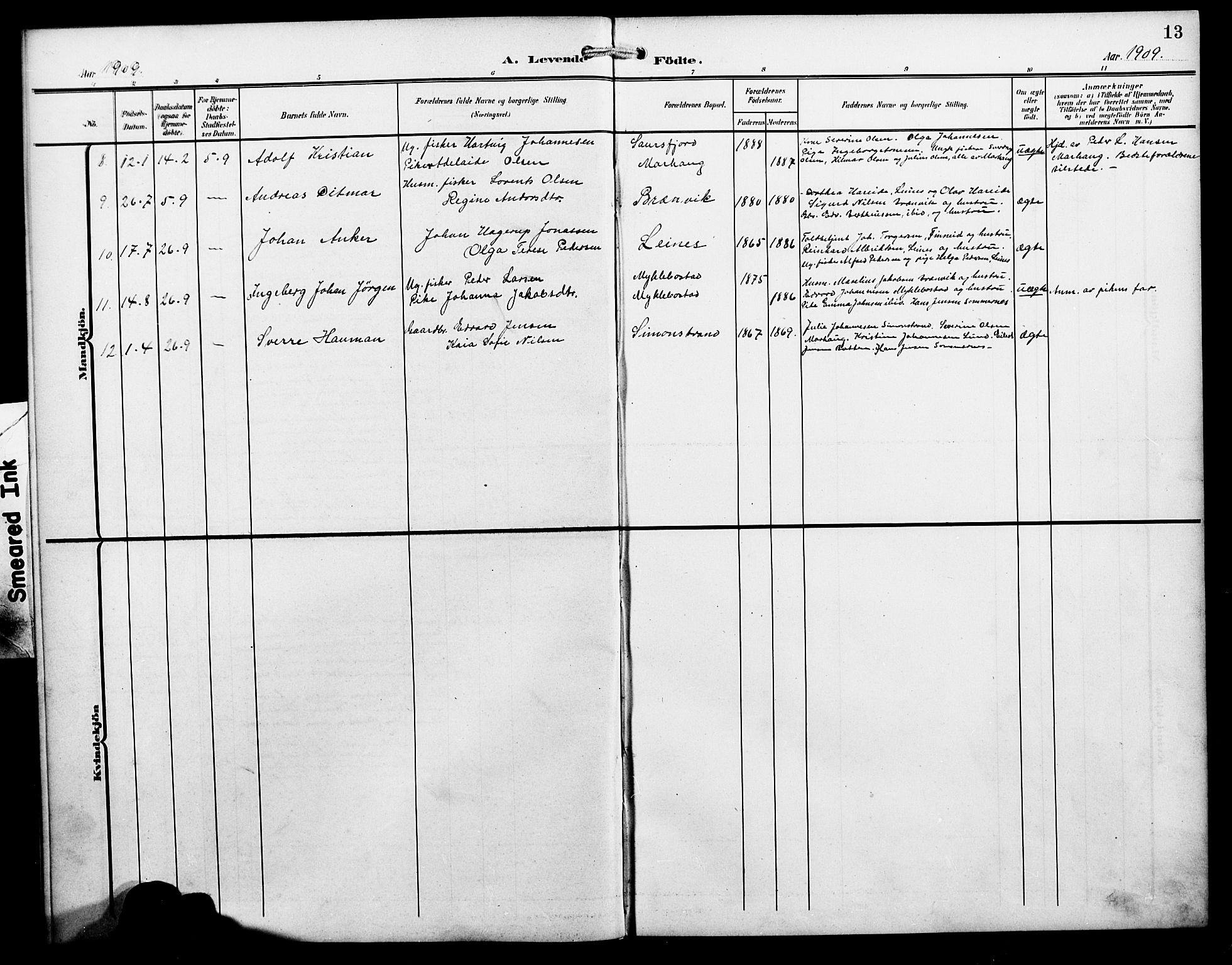 Ministerialprotokoller, klokkerbøker og fødselsregistre - Nordland, AV/SAT-A-1459/857/L0829: Parish register (copy) no. 857C04, 1906-1916, p. 13