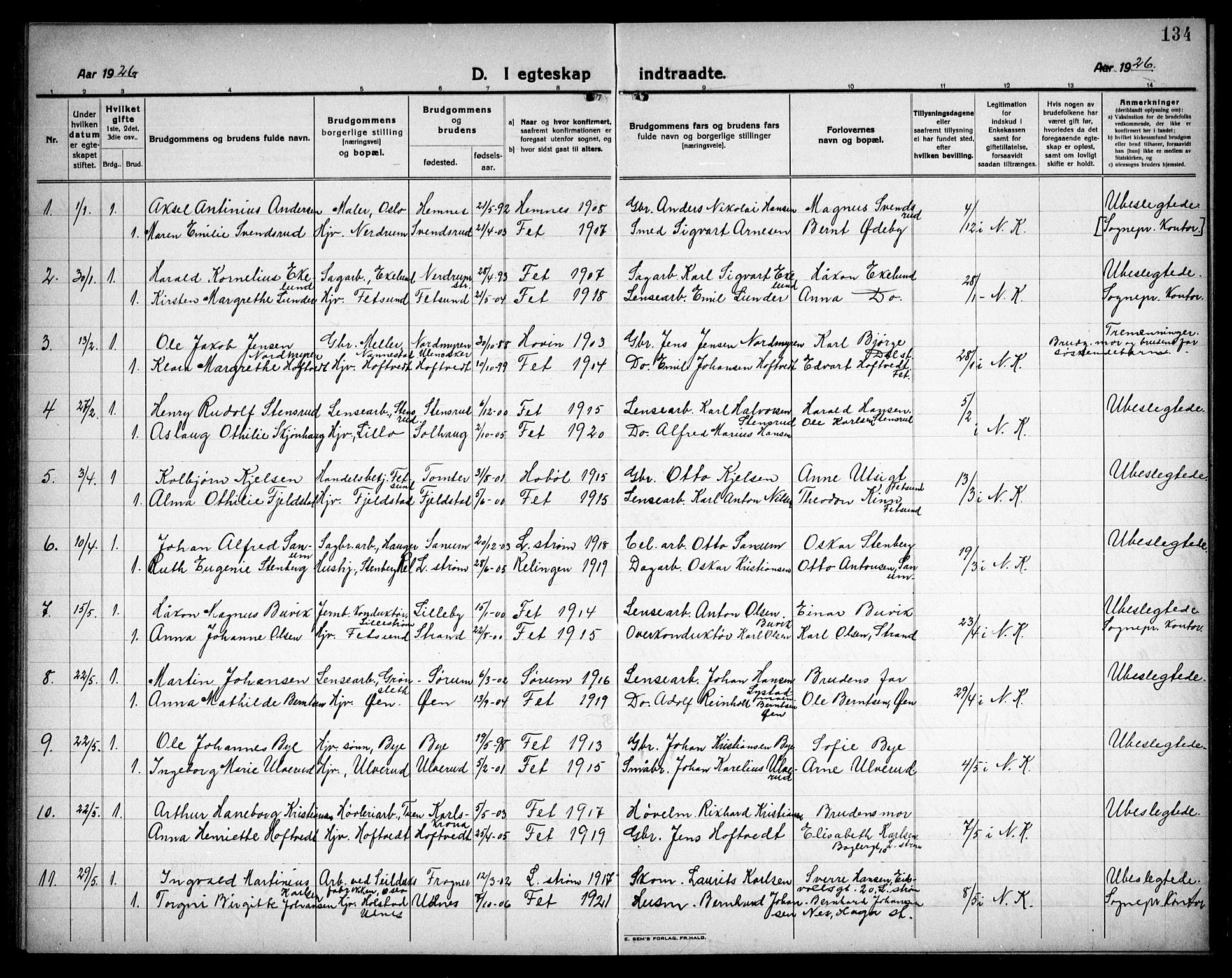 Fet prestekontor Kirkebøker, AV/SAO-A-10370a/G/Ga/L0009: Parish register (copy) no. I 9, 1920-1934, p. 134