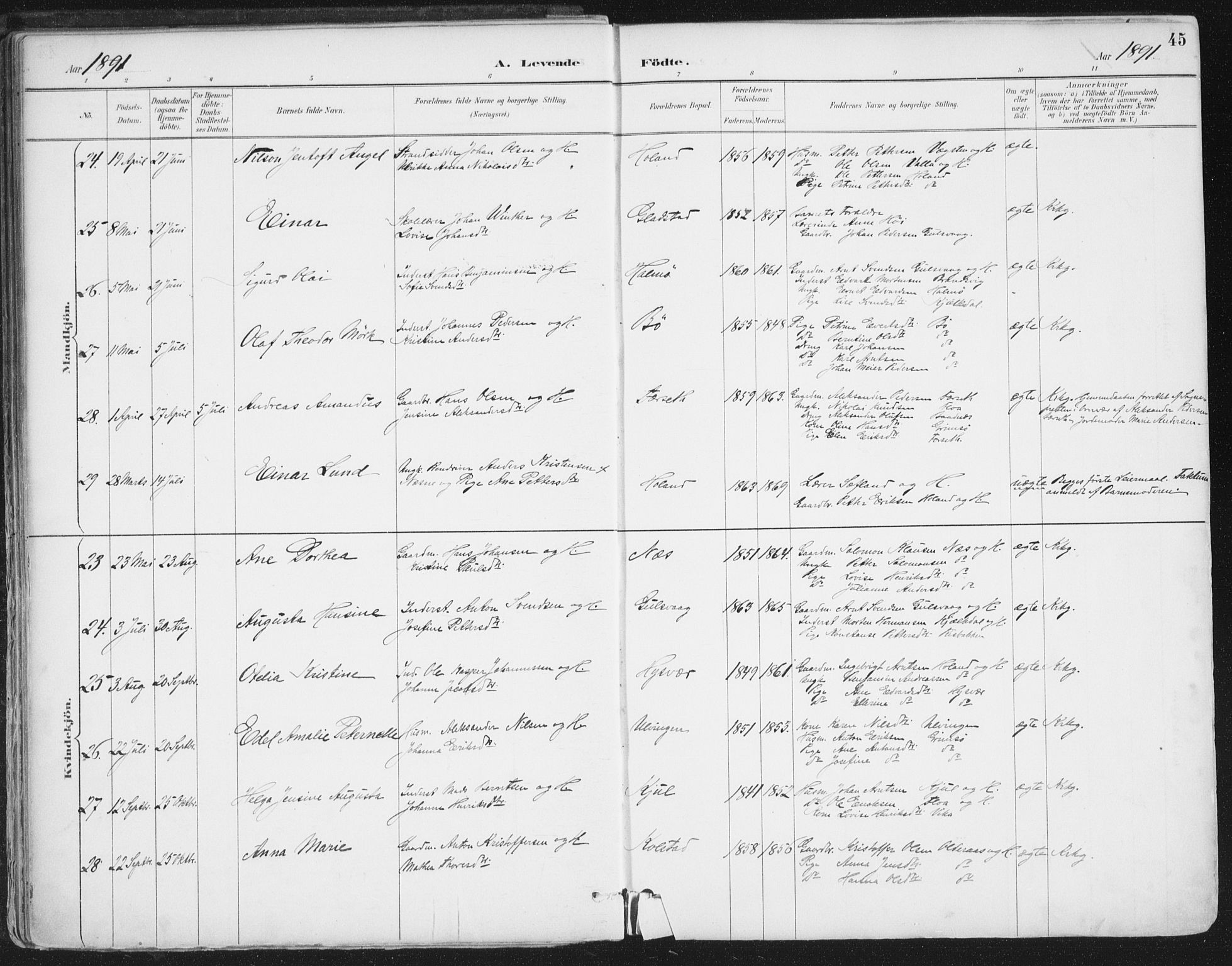 Ministerialprotokoller, klokkerbøker og fødselsregistre - Nordland, AV/SAT-A-1459/816/L0244: Parish register (official) no. 816A10, 1886-1903, p. 45