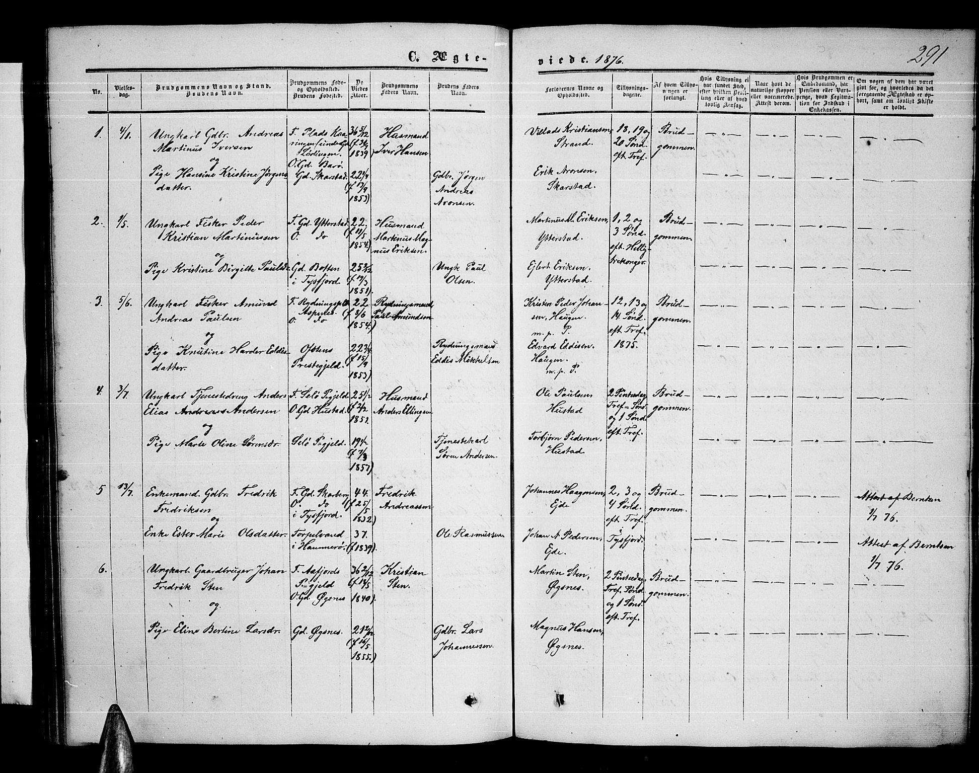 Ministerialprotokoller, klokkerbøker og fødselsregistre - Nordland, AV/SAT-A-1459/872/L1046: Parish register (copy) no. 872C02, 1852-1879, p. 291