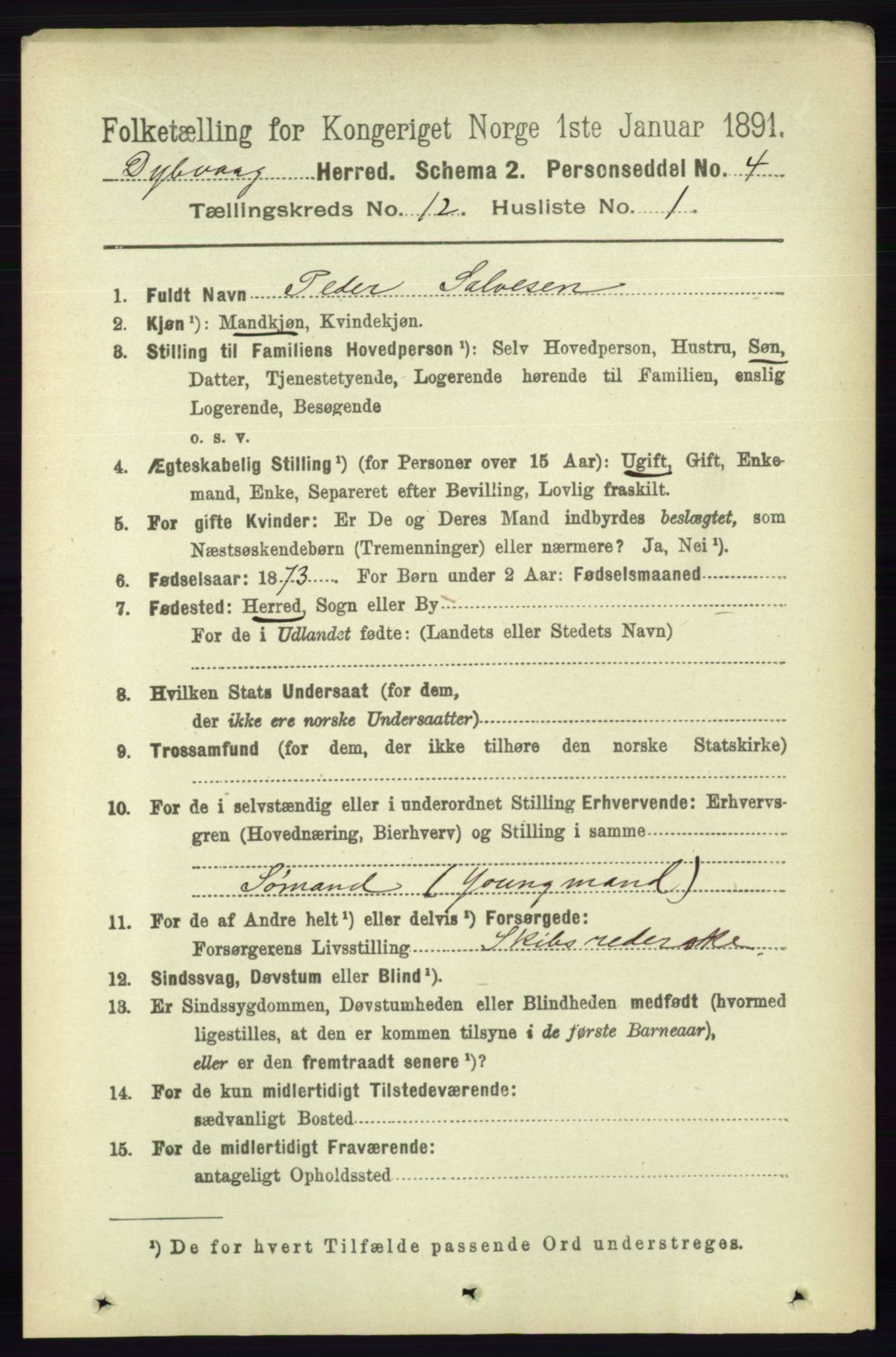 RA, 1891 census for 0915 Dypvåg, 1891, p. 4745