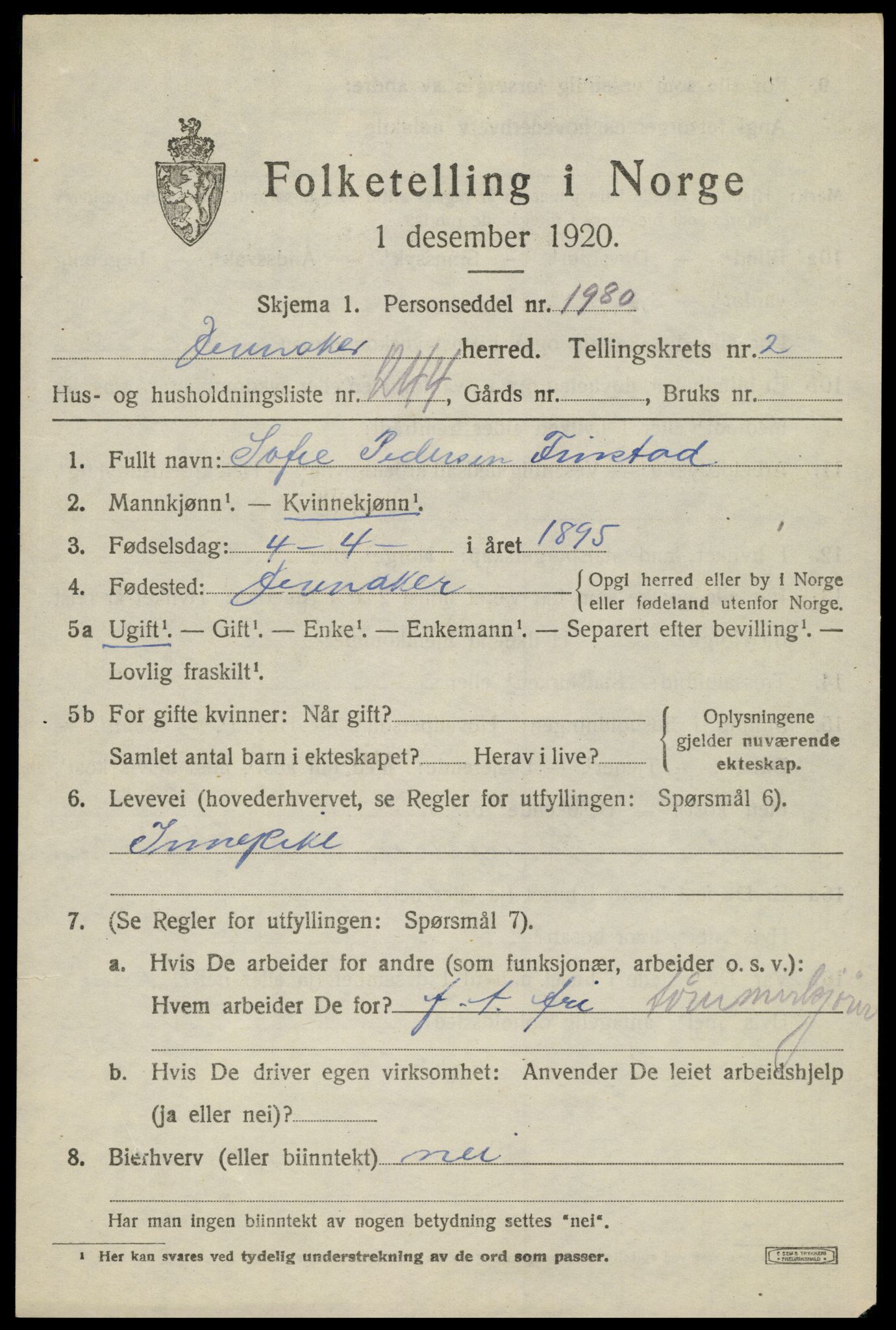 SAH, 1920 census for Jevnaker, 1920, p. 5369