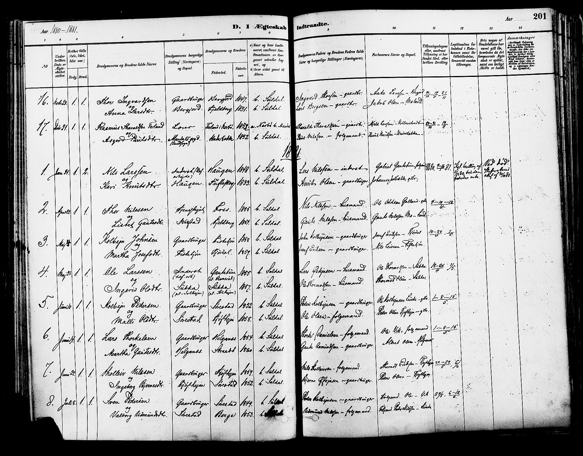 Suldal sokneprestkontor, AV/SAST-A-101845/01/IV/L0011: Parish register (official) no. A 11, 1878-1900, p. 201