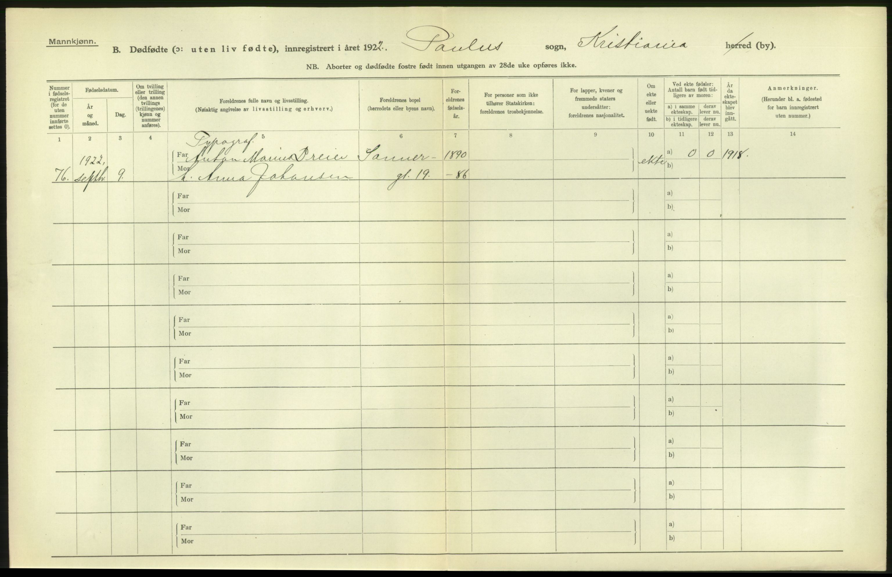 Statistisk sentralbyrå, Sosiodemografiske emner, Befolkning, AV/RA-S-2228/D/Df/Dfc/Dfcb/L0010: Kristiania: Døde, dødfødte, 1922, p. 12