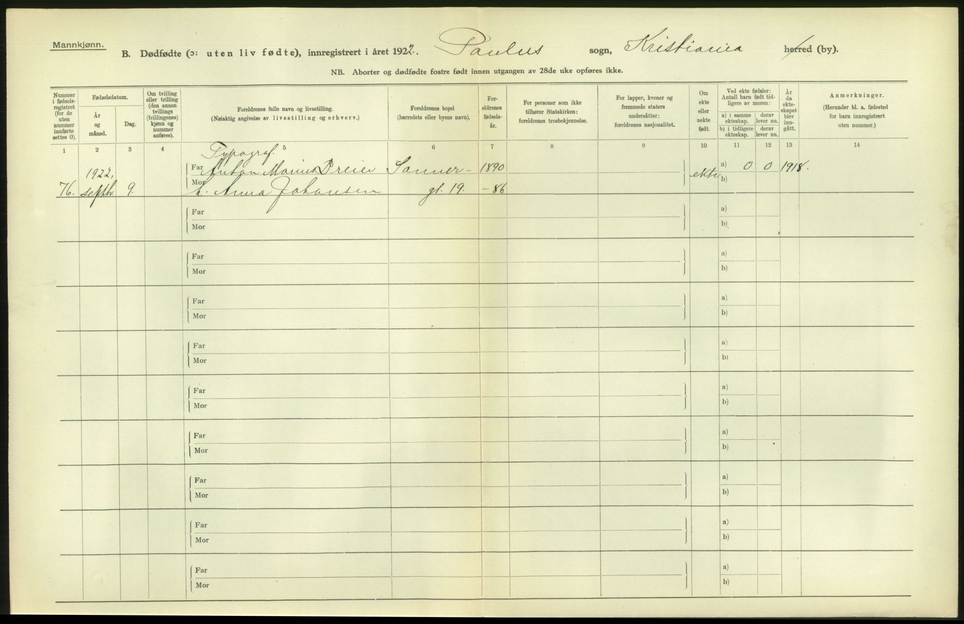 Statistisk sentralbyrå, Sosiodemografiske emner, Befolkning, RA/S-2228/D/Df/Dfc/Dfcb/L0010: Kristiania: Døde, dødfødte, 1922, p. 12