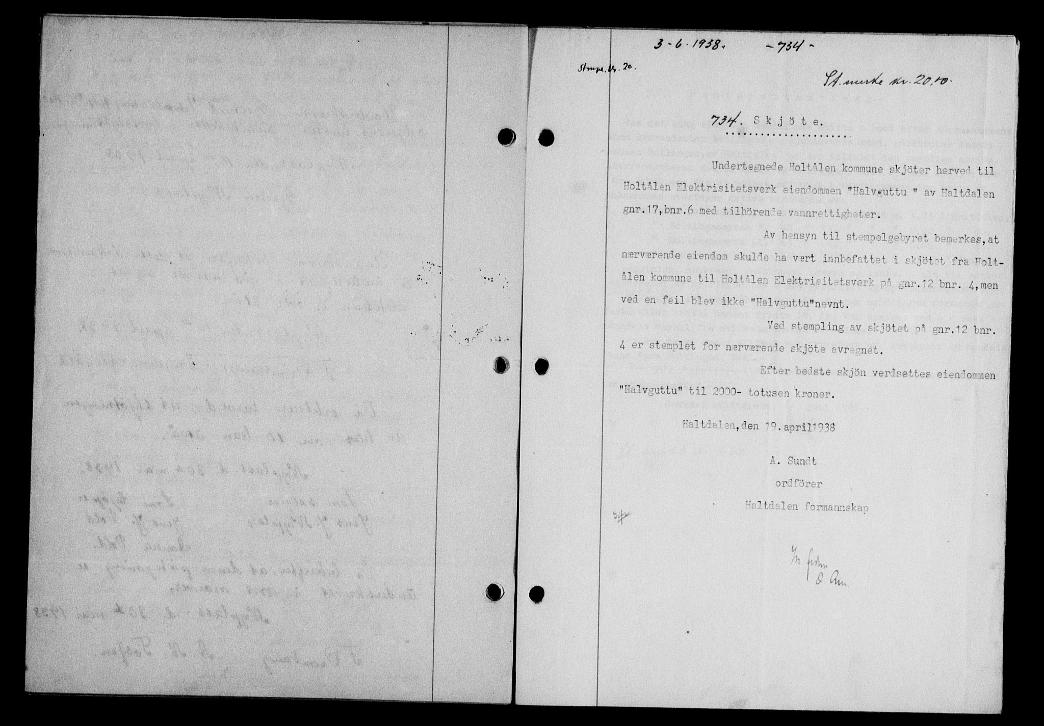 Gauldal sorenskriveri, SAT/A-0014/1/2/2C/L0048: Mortgage book no. 51-52, 1937-1938, p. 734, Diary no: : 734/1938