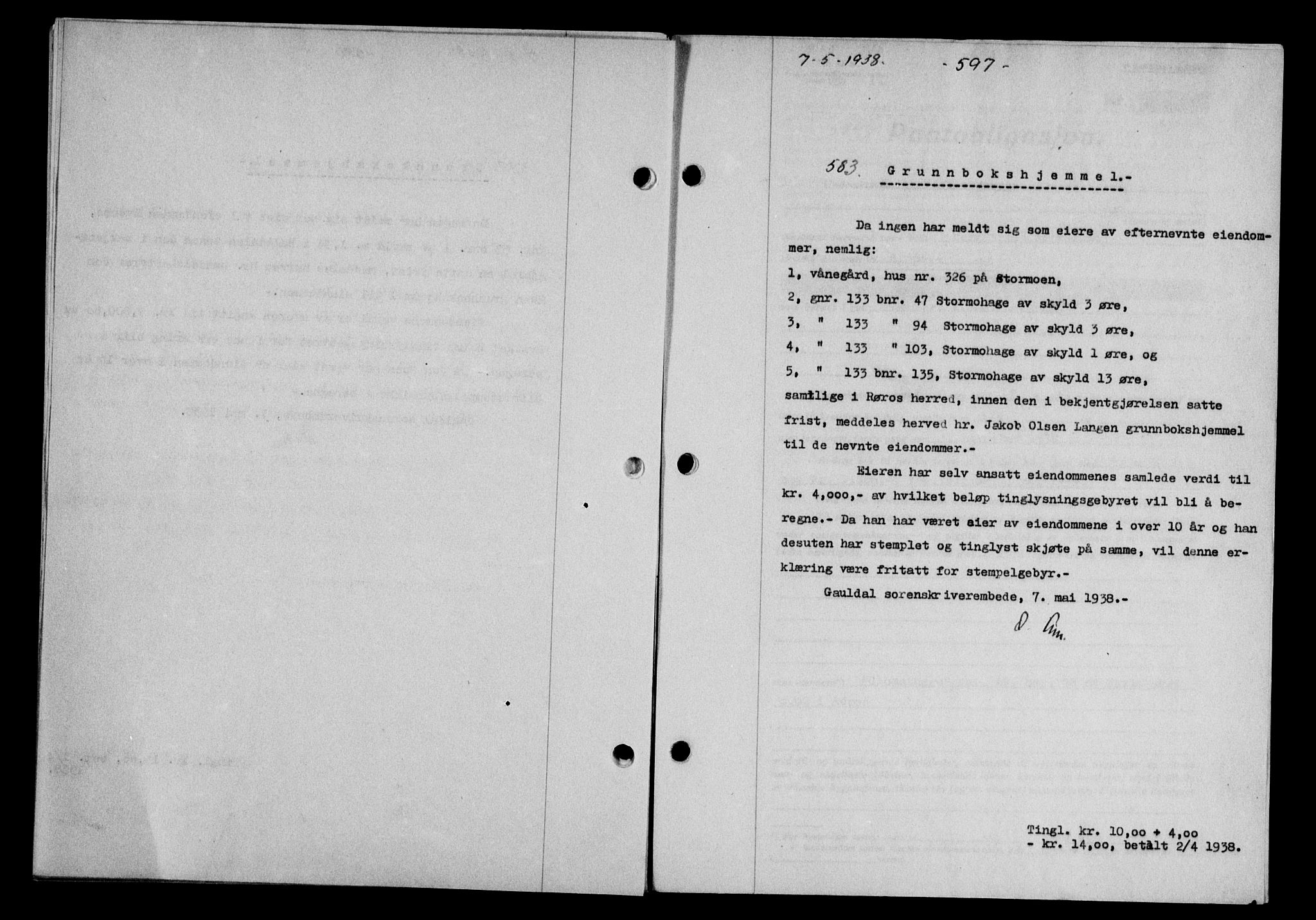 Gauldal sorenskriveri, SAT/A-0014/1/2/2C/L0048: Mortgage book no. 51-52, 1937-1938, p. 597, Diary no: : 583/1938