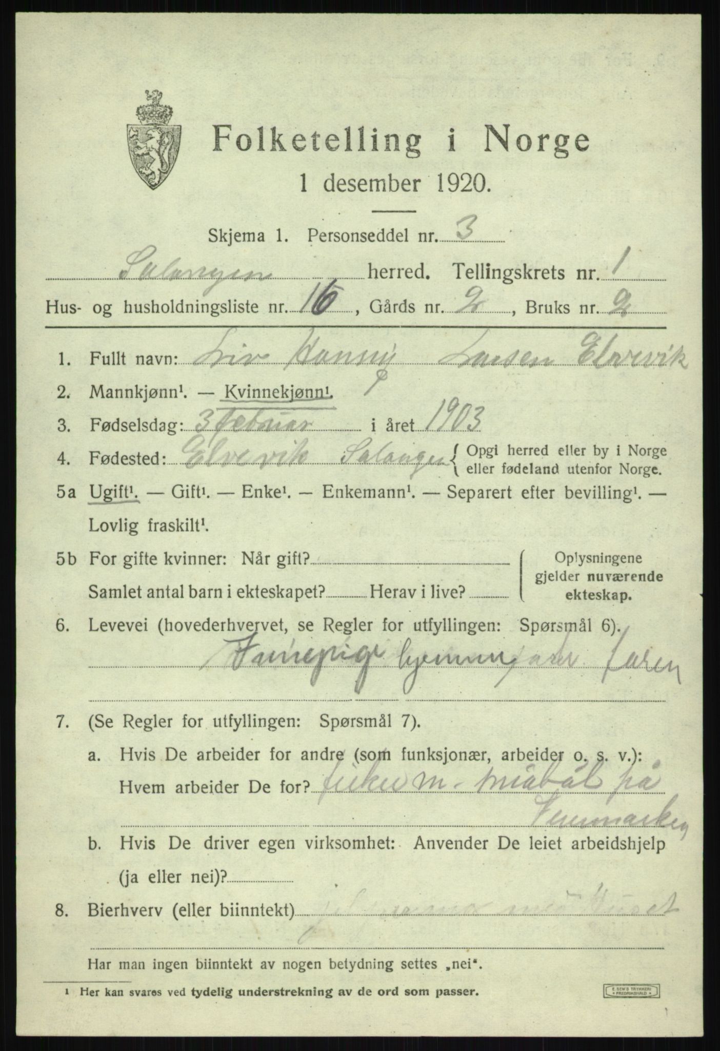 SATØ, 1920 census for Salangen, 1920, p. 1154