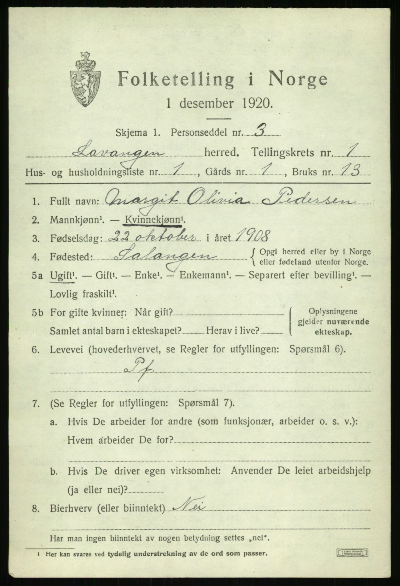 SATØ, 1920 census for Lavangen, 1920, p. 523